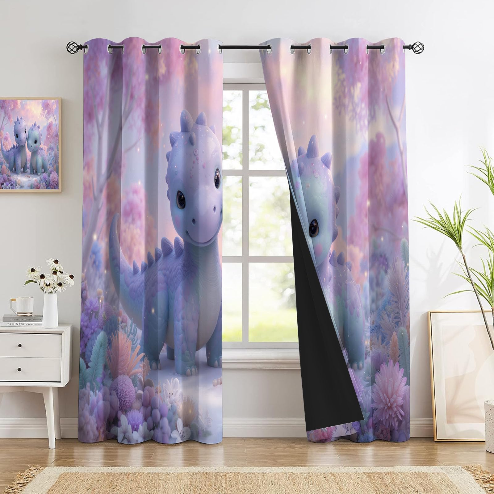 95% Rideau Occultant, Violet Rideaux Occultant Thermiques à Oeillets, Rideau Opaque imprimés Aquarelle Dinosaure Dessin Animé Forêt Decoration pour Enfant Chambre, 140x180 cm (2 Panneaux)