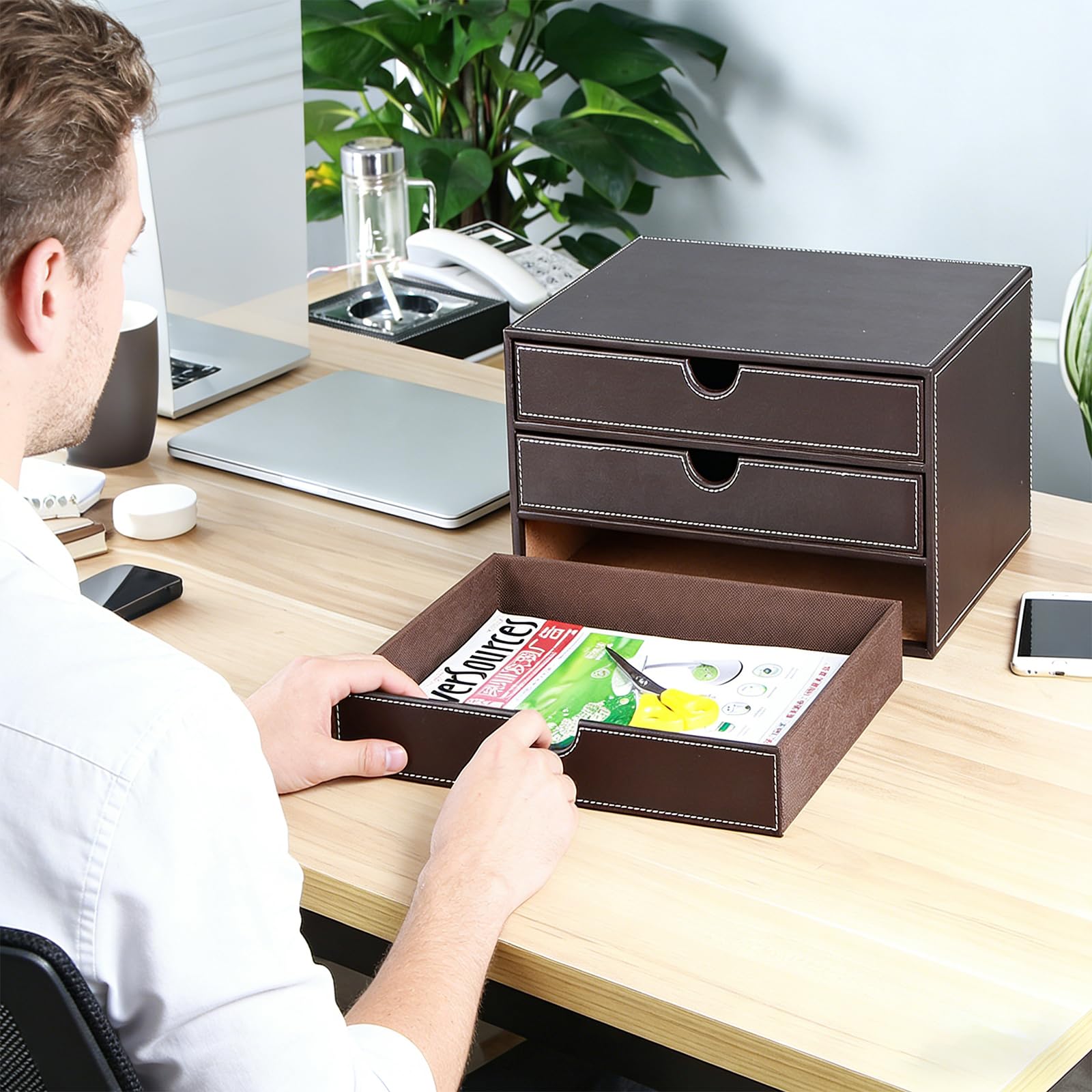 Boîte de rangement de bureau en cuir synthétique avec 3 tiroirs A4 - Organiseur de bureau - Pour documents et fournitures de bureau - Marron