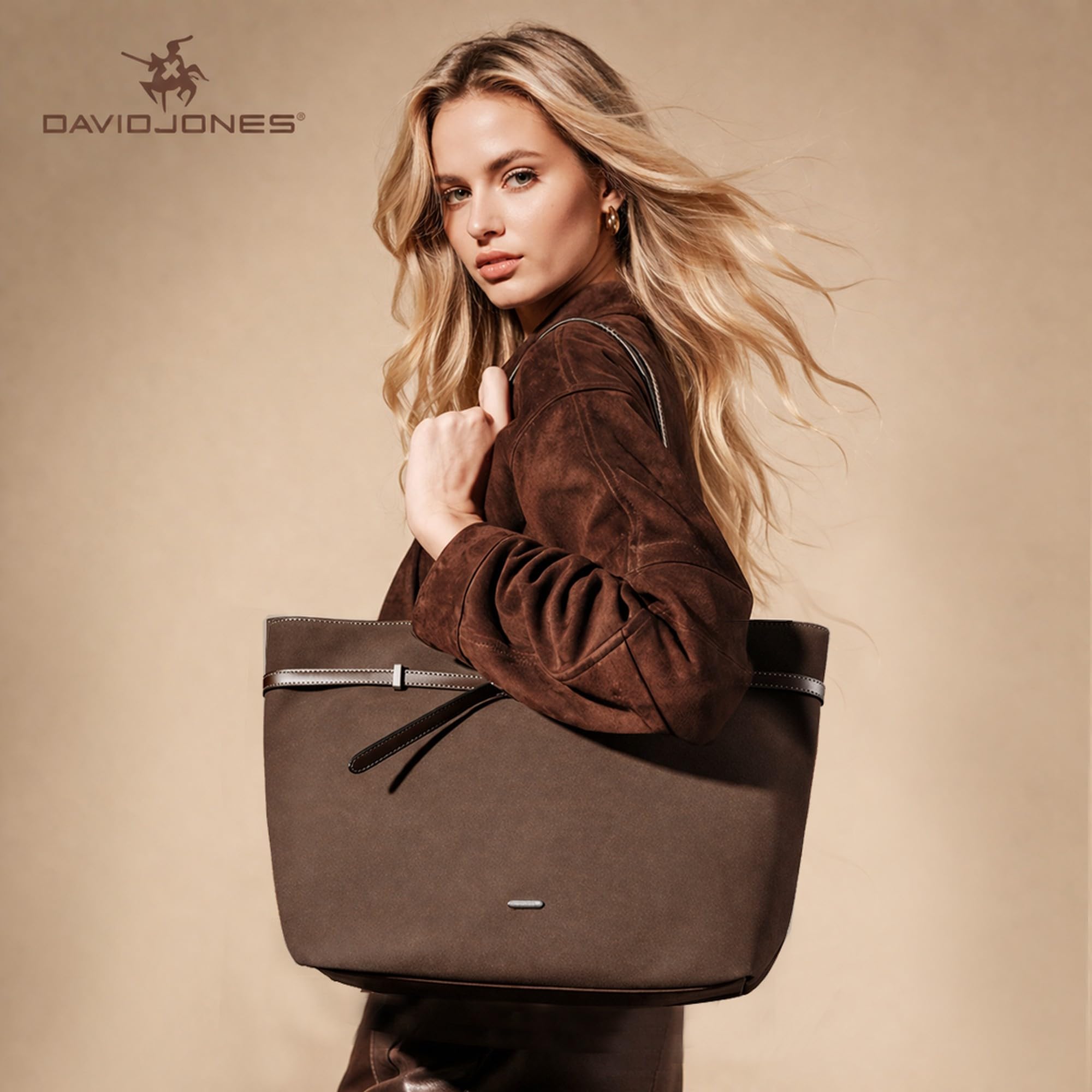 David Jones – Bolso de mano para mujer ante de gran tamaño – Bolso de mano para el hombro durante la escuela secundaria de trabajo – Bolso de mano de ante flexible – Shopper de gran capacidad A4 asas