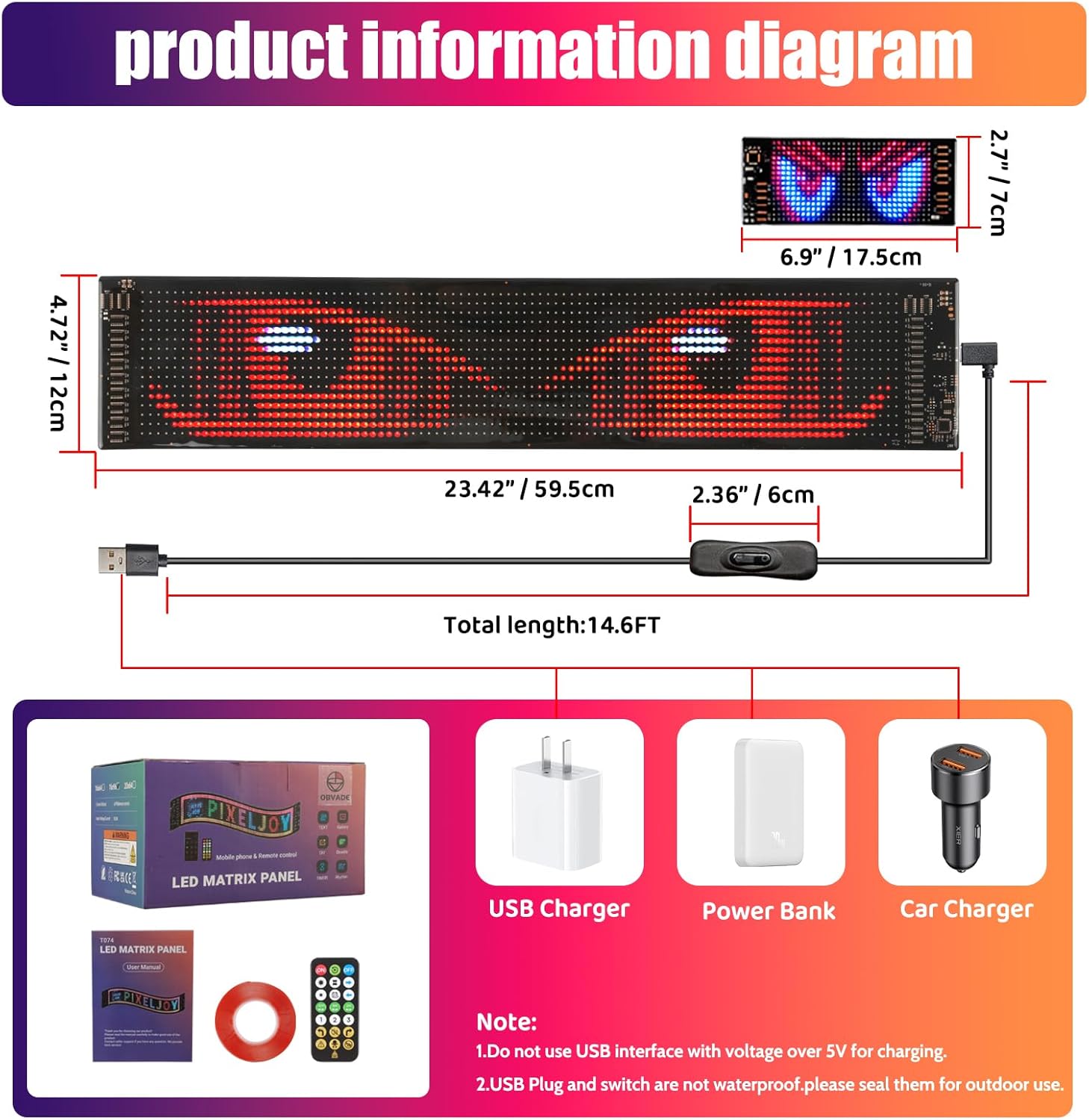 Devil Eyes Light for Windshield 12.6in*6.3inDual LED Eyes for Cars, SUVs & Trucks | Programmable USB Matrix, App/Remote Control, Custom Car Sign (L)