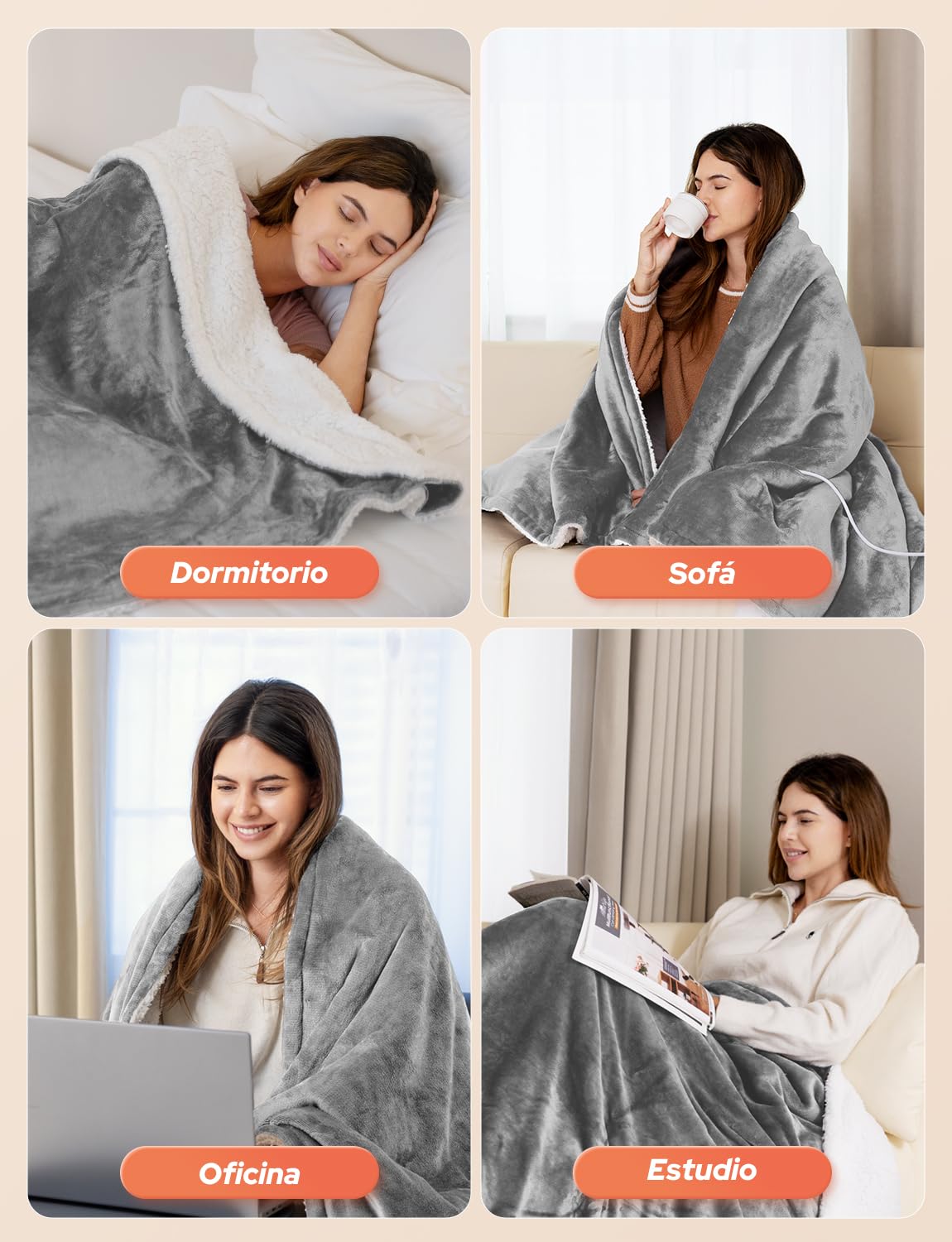 Manta Eléctrica 160x130cm Manta Calefactable 10 Temperaturas 9 Horas Configuraciones de Temporizador Calentamiento Rápido Lavable a Máquina Apagado Automático para Hogar Oficina Gris Claro
