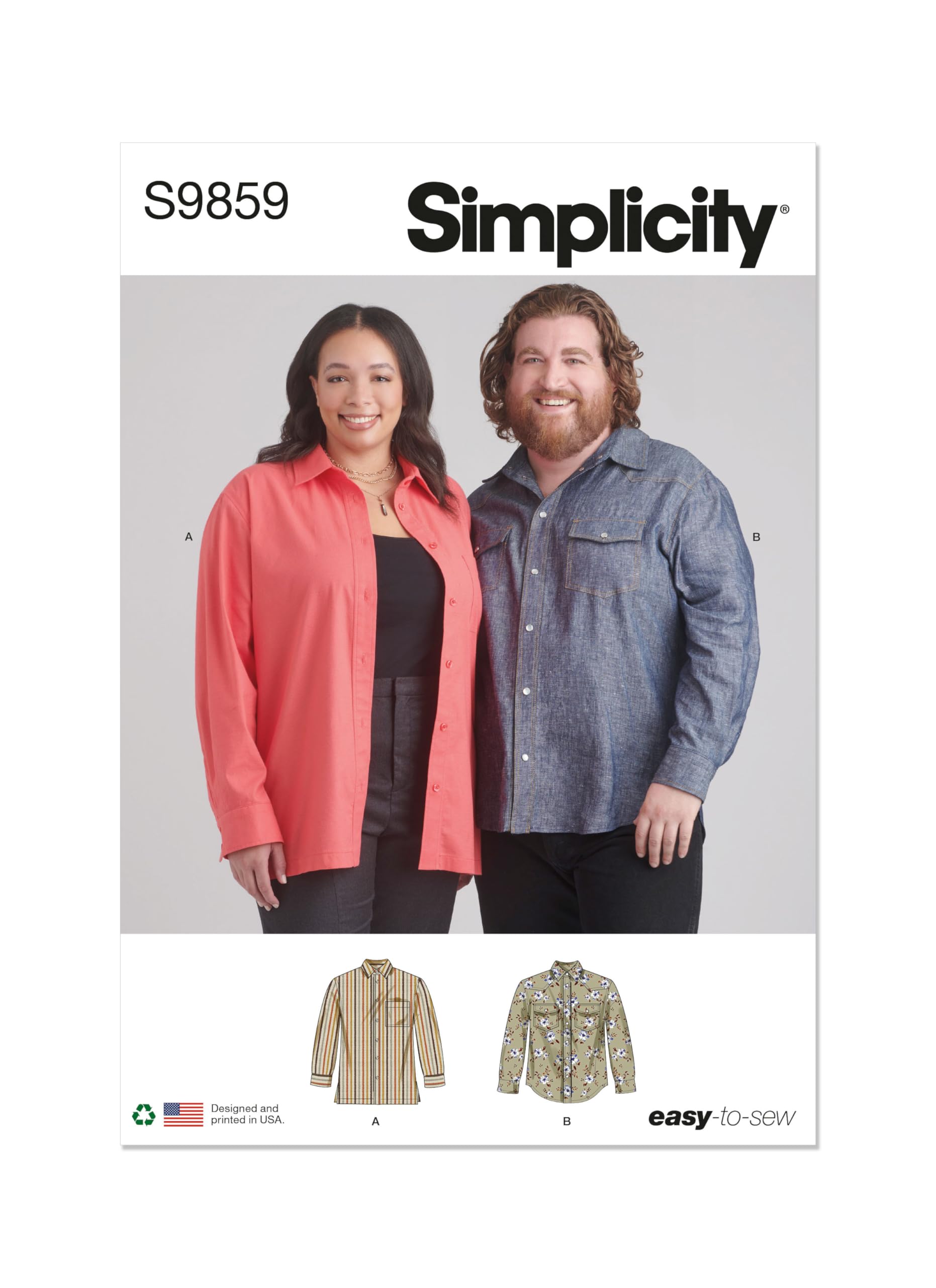 Chemises unisexes grande taille SIMPLICITY SS9859AA à coupe fluide et manches adaptables S-M-L