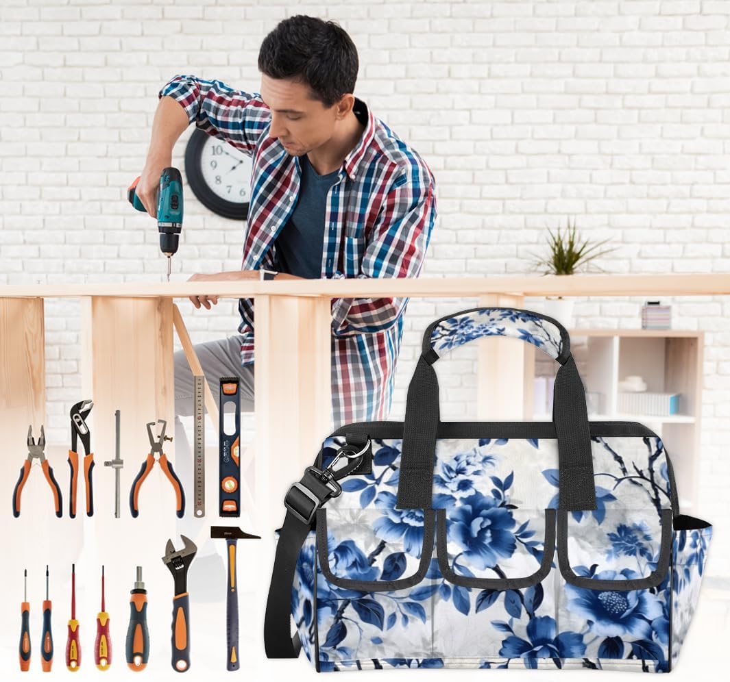 Cute Blue Flower Tool Bag with Multi-Pockets Wide Mouth Tool Tote Bag for Women and Men Waterproof Tool Organizer Storage Bag with Adjustable Shoulder Strap and Ergonomic Handle