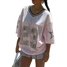 SANSIWU Shirts for Women Y2k Oversized Number Graphic V Neck Short Sleeve Jersey T-Shirt Vintage 90S Streetwear
