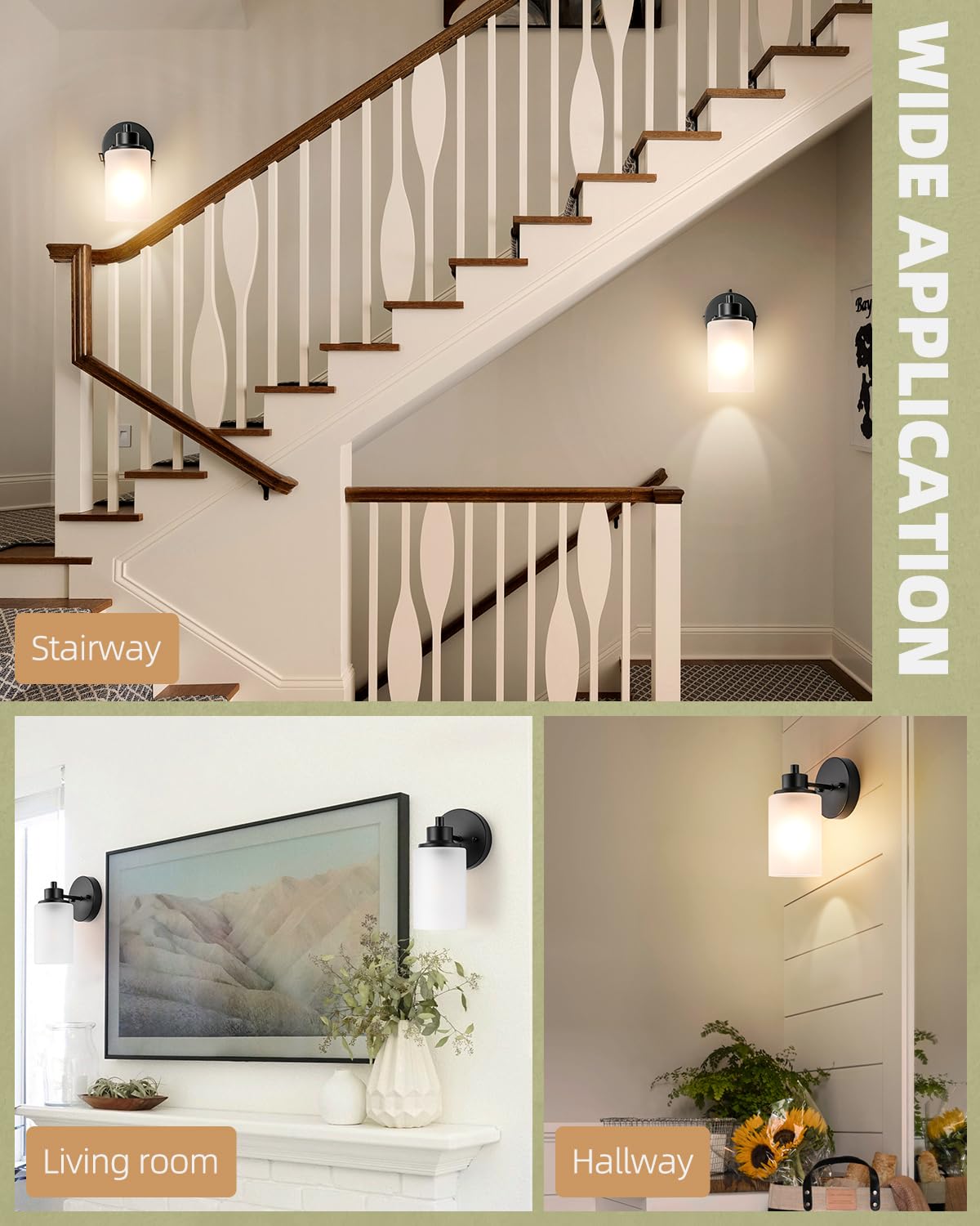 Paquete de 2 apliques de pared estilo granja, lámparas de tocador de baño negras para interiores con pantalla de vidrio esmerilado blanco, iluminación moderna para montar en la pared, lámpara base E26 6