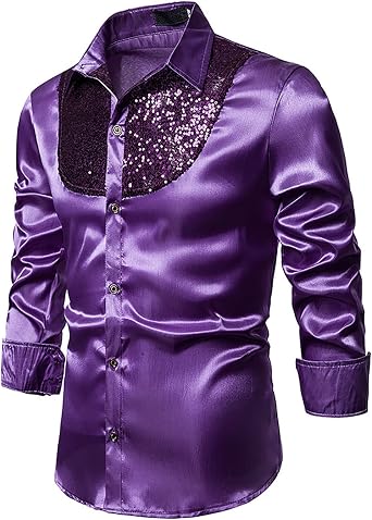 Mens Shiny Sequins Design Silk Like Satin Button Up Disco Party Dress Shirts Luxury Slim Fit Prom Wedding Shirt