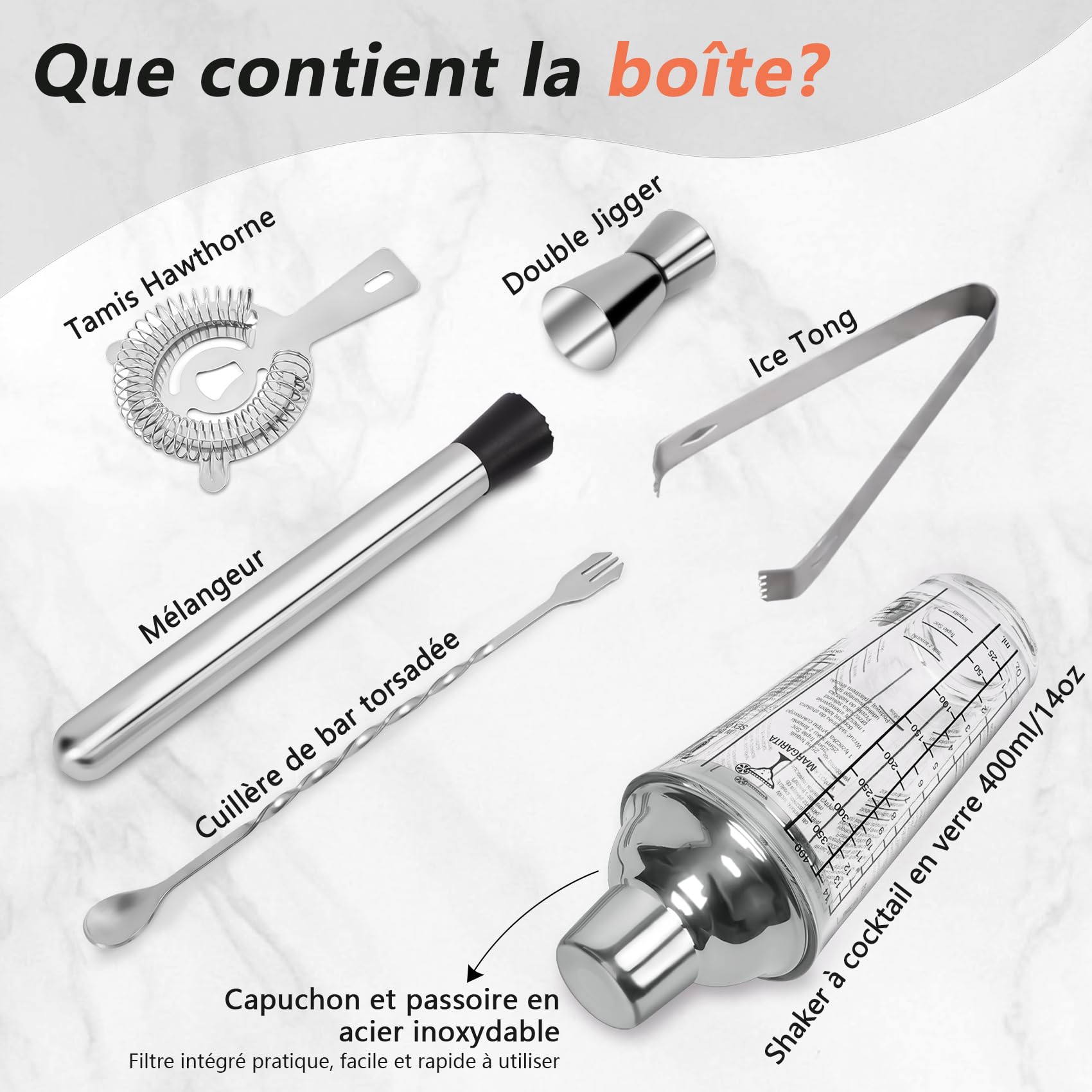 Cocktail Shaker 14oz Glass Shaker Set, 6PCS Bartender Kit, Mélangeur à Martini avec passoire pour Barman, Un Ensemble d'outils de Bar Professionnel pour Les barmans et Les débutants.
