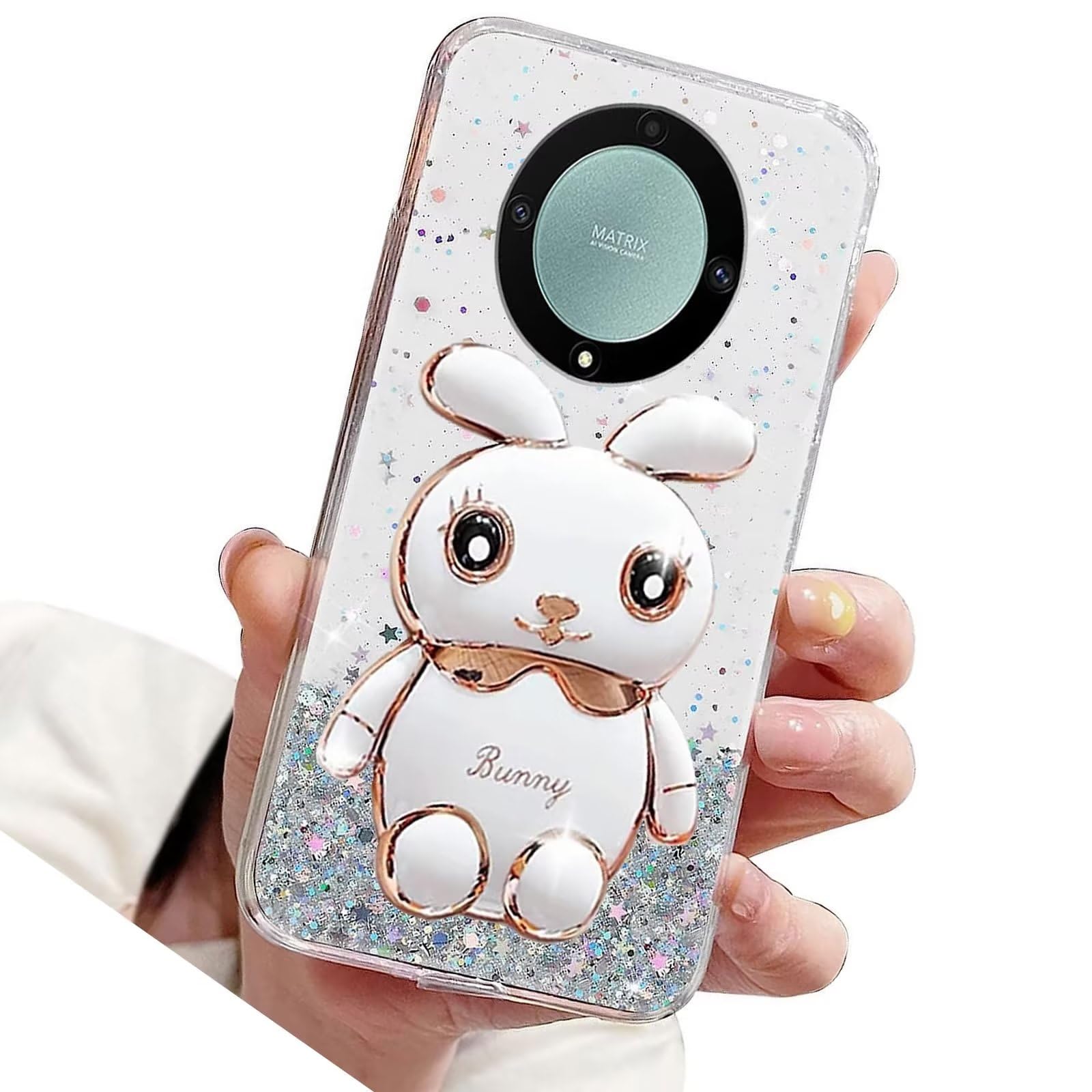 Rnrieyta Miagon Rabbit Glitter Stand Case for Honor Magic 5 Lite 5G,Bling Transparent Soft TPU Protective Slim Shockproof Cover with Cute Bunny Holder Kickstand,Transparent
