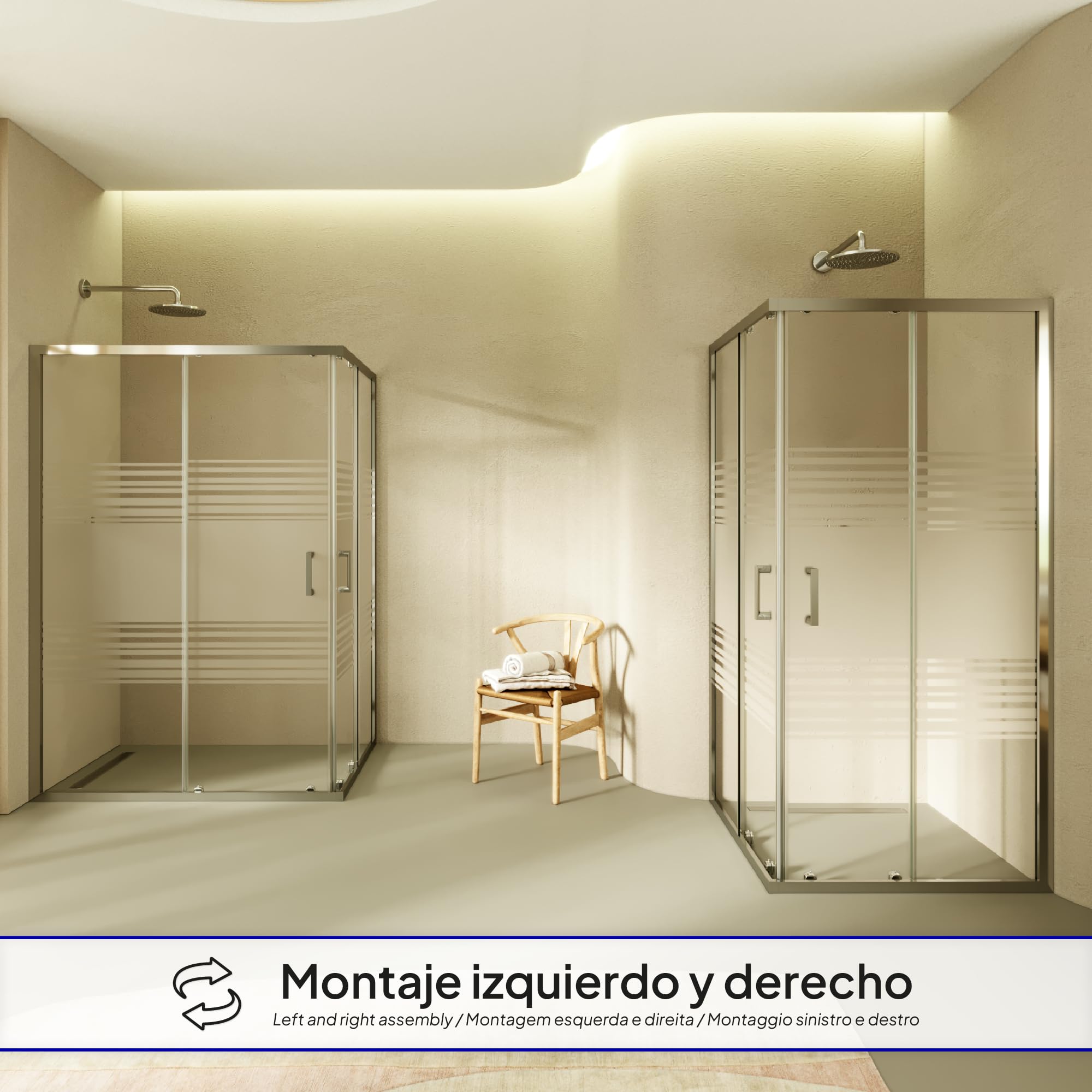 Mampara de Ducha Diana 90x90x185cm | REVERSIBLE | Puerta corredera, Ajuste 87,5-89,5 x 87,5-89,5cm | Perfiles Cromados, Cristal Parcialmente satinado 6mm