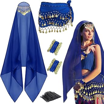 4Pcs Belly Dancer Outfit Sets, Chiffon Head Scarf,Belly Dance Hip Scarf, 2 Coin Wrist Bracelets, 50 Bobby Pins