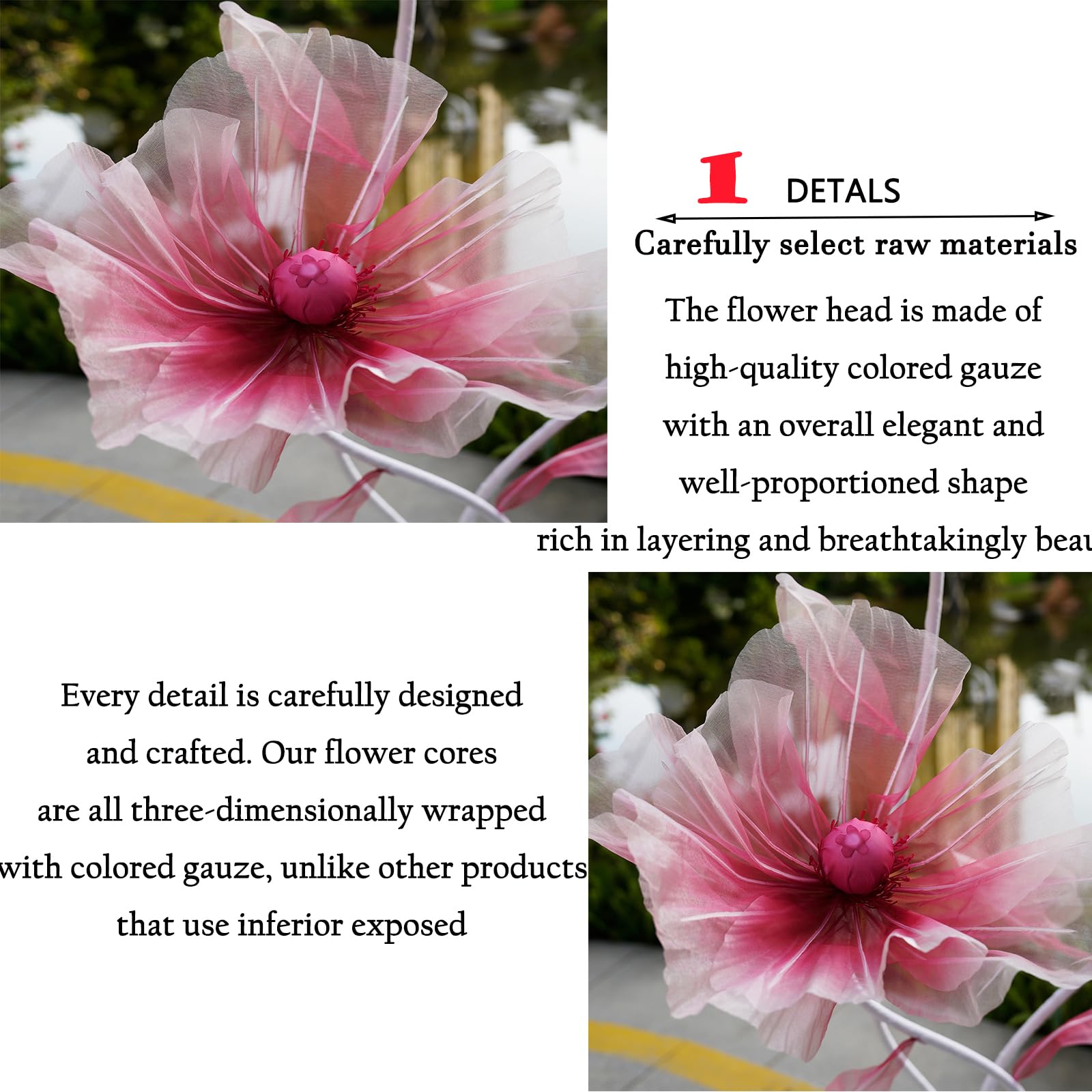 Flores gigantes para decoración, 3 cabezas grandes de seda artificial con soporte y base para recepción de bodas, fondo de banquete de fiesta, decoración del hogar (rojo)