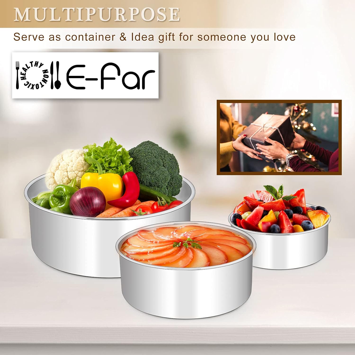 E-far Deep Cake Pan Set of 3 (6 inch/8 inch/9½ inch), Stainless Steel Round Layer Cake Baking Pans, Metal Tier Cake Tins for Wedding Birthday, Leak Proof & Straight Side, Non-toxic & Dishwasher Safe - Image 6