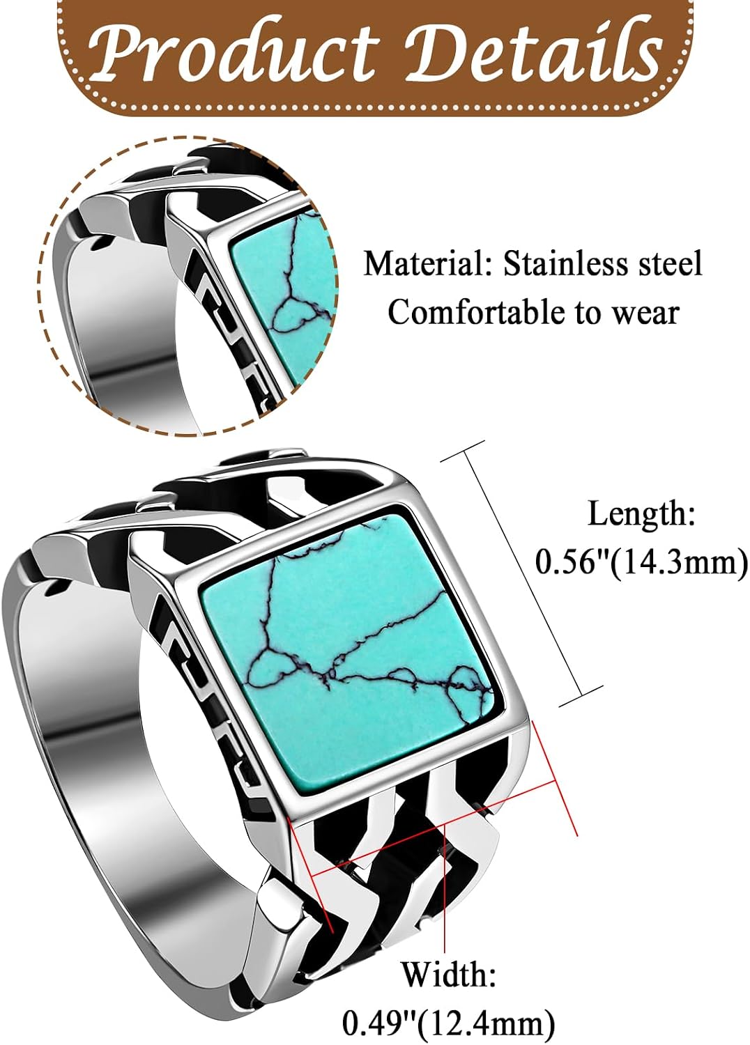 Cupimatch Men Turquoise Biker Ring: Stainless Steel Western Style Jewelry with Genuine Stone, Sizes 7-13, Vintage Mens Wedding Band or Gift