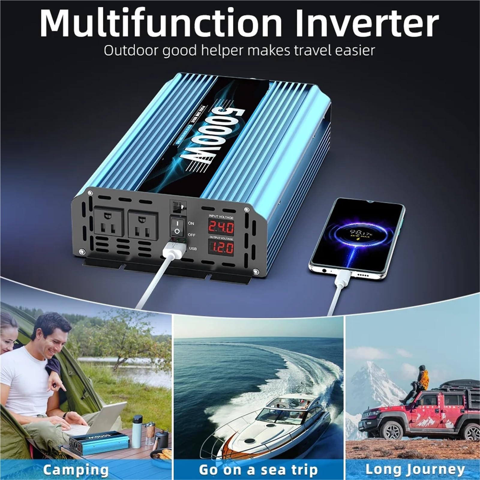 Inversor de Corriente 12 V, 24 a 120 W Onda sinusoidal Pura, 5000 CC a CA for Panel Solar, Camping y Exteriores Protección y Seguridad