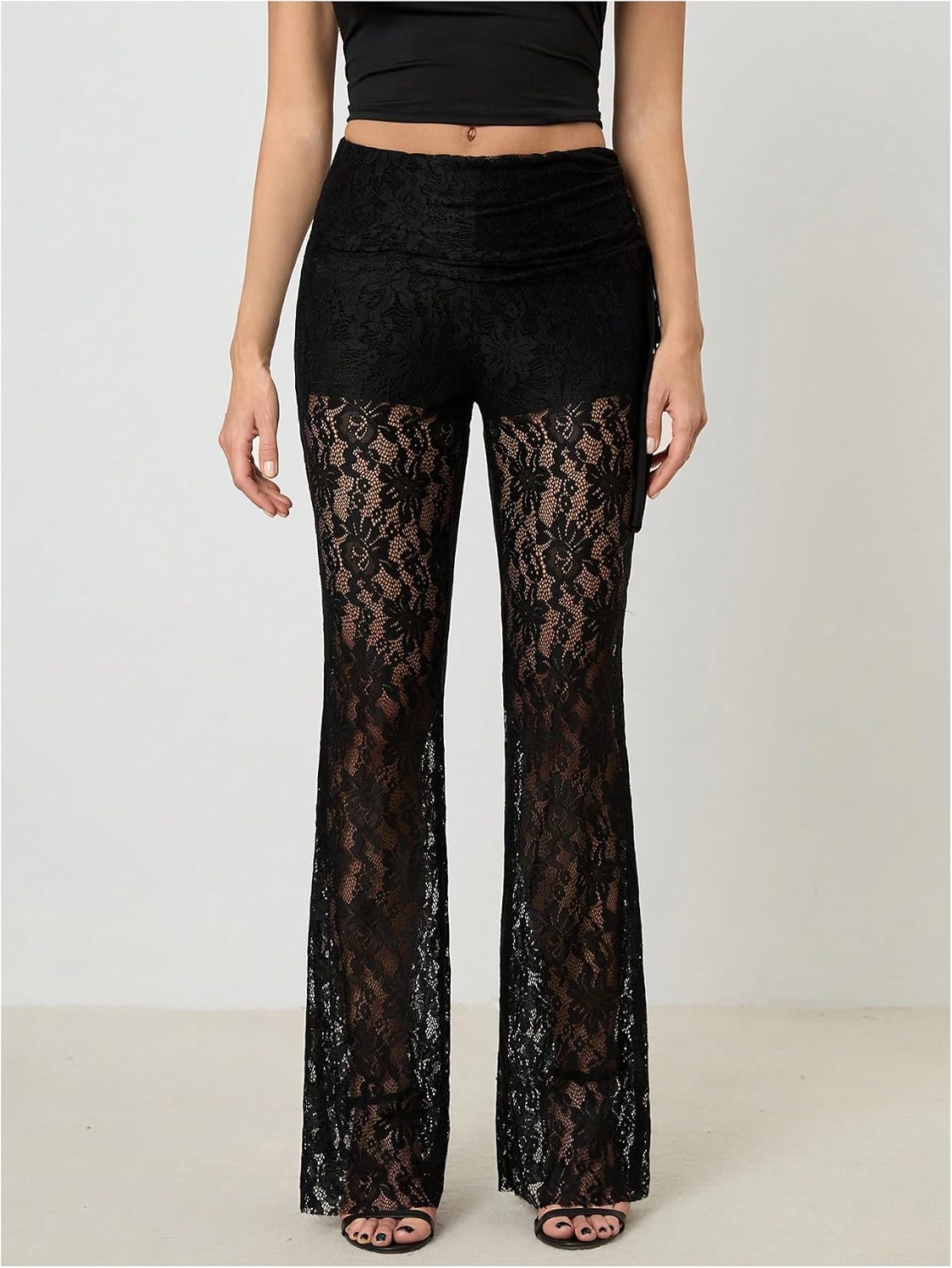 OYOANGLE Women's Drawstring Side Lace Sheer Flare Pants Y2K Gothic See Through Mesh Bell Bottom Pants Clubwear