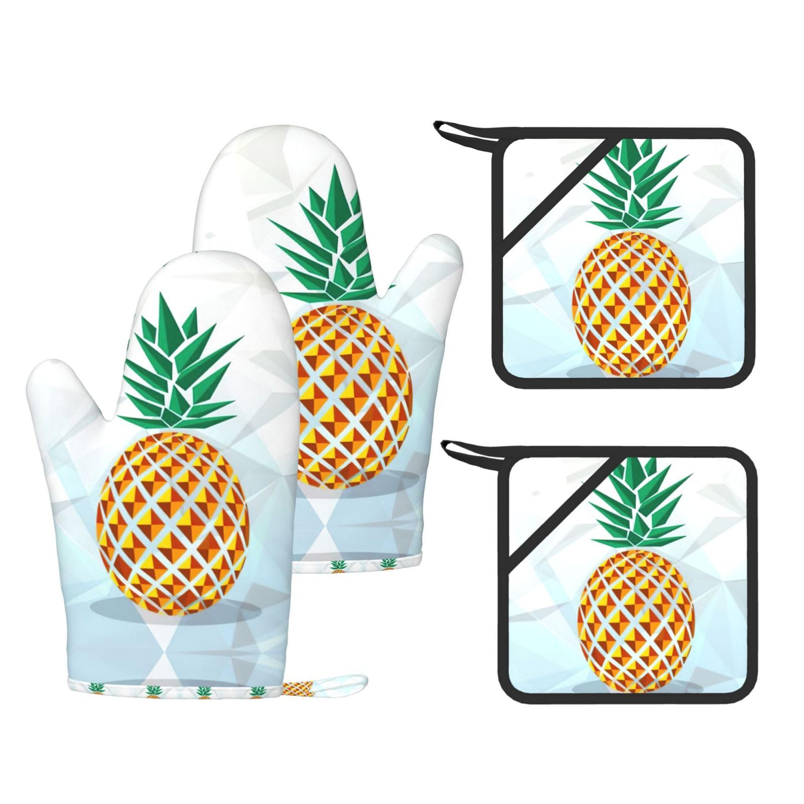 Pineapple Geometric Printed Oven Mitts and Pot Holders Set of 4, Heat Resistant Silicone Gloves for Baking Grilling