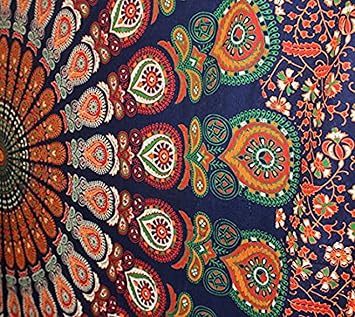 raajsee Blue Orange Tapestry Mandala Wall Hangings, Indian cotton Beach Throw Blanket, Hippie Tapestries Boho Décor, Yoga Meditation Mat Rugs 76X101 CMS