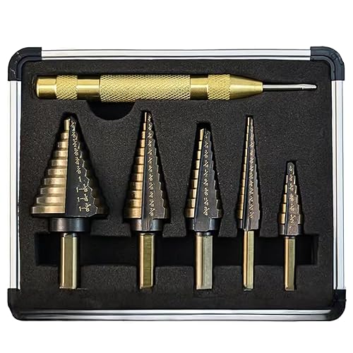 Juego de 6 brocas escalonadas de titanio, vástago HSS Tri-Flat 50 tamaños con punzón central para metal, madera, plástico y aluminio, con caja de