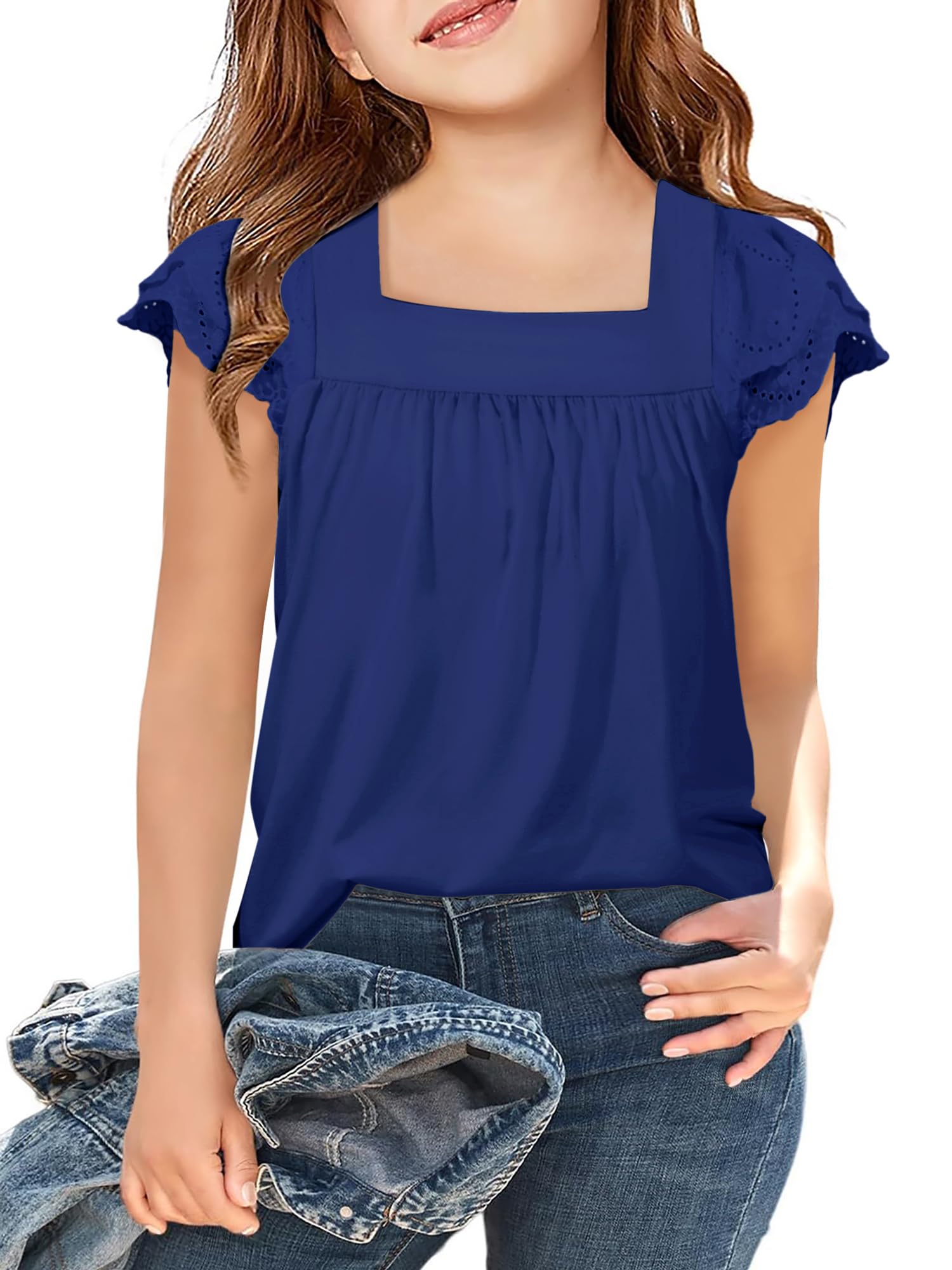 Arshiner Girls Shirts Short Sleeve Square Neck Summer Lace Openwork Tops