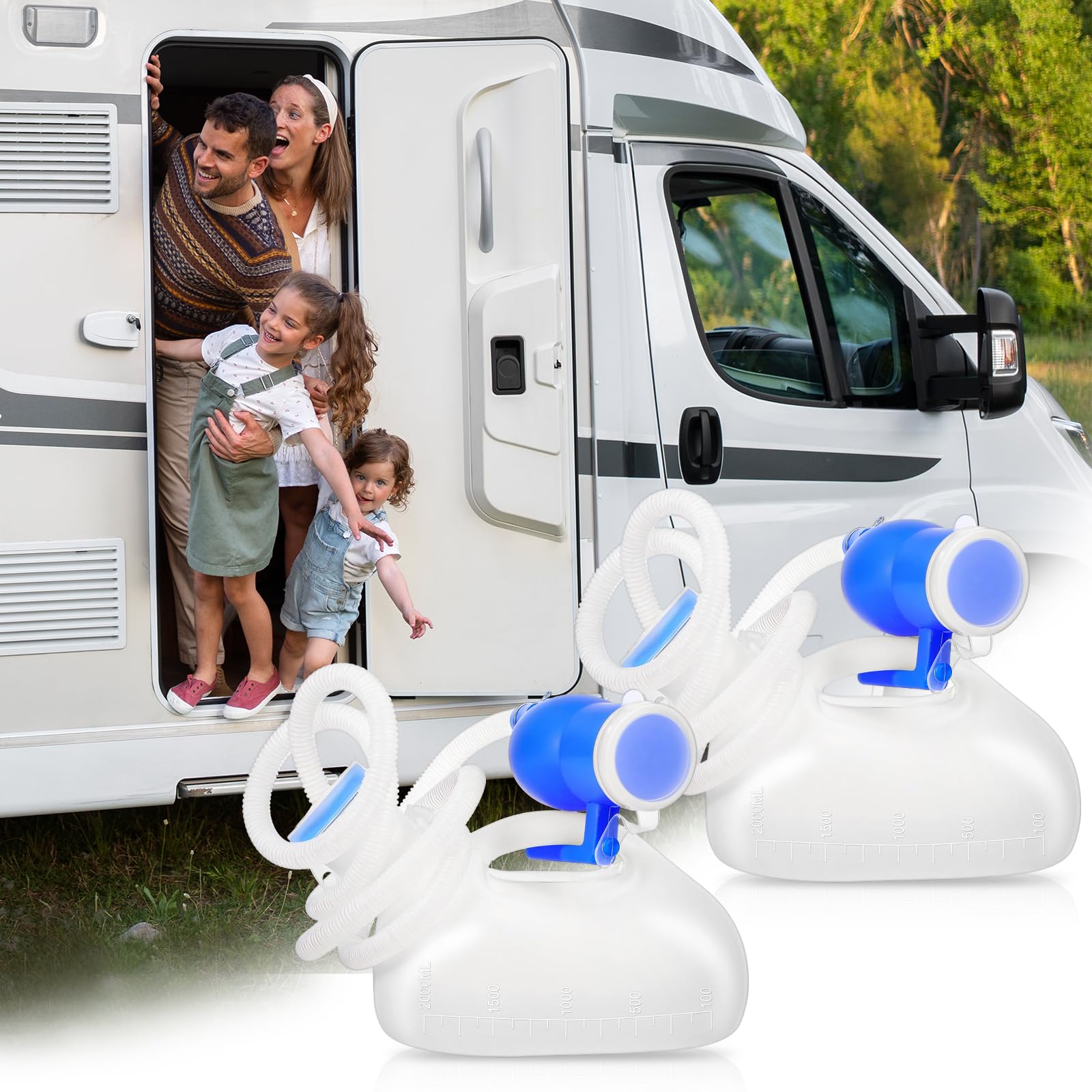 Orinarios portátiles para hombres, botellas de orinal de 2000 ml, botella portátil a prueba de derrames, reutilizable, tubo de 59 pulgadas de largo con tapa para camping, coche, cama de viaje