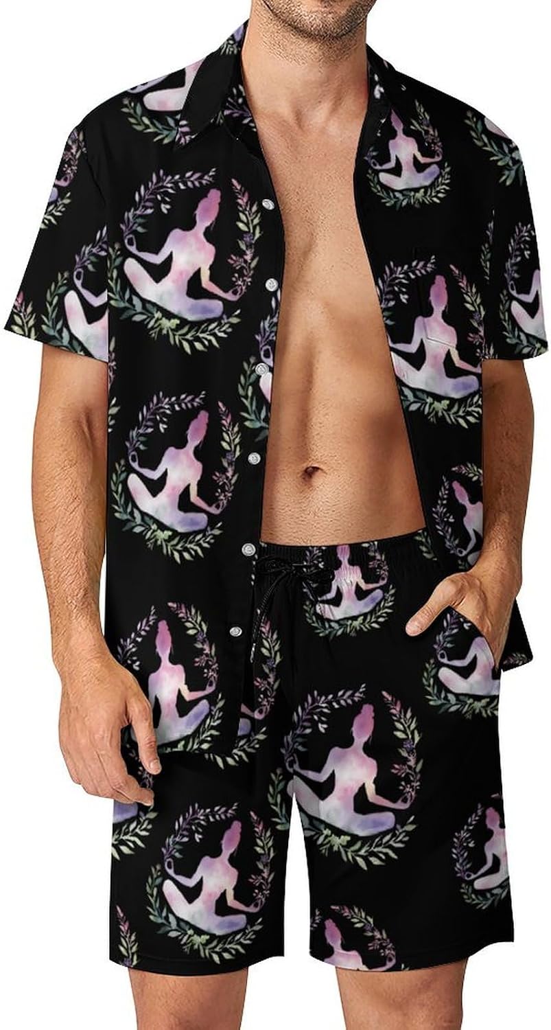 Watercolor Yoga Pose Summer Mens Vacation Outfits Beach Shirts Shorts Matching Set