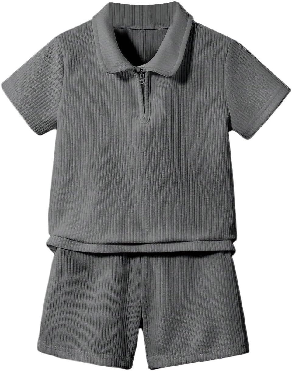 VIPWOLF Boy's 2 Piece Clothing Set Short Sleeve 1/4 Zip T-shirts and Ribbed Knit Shorts