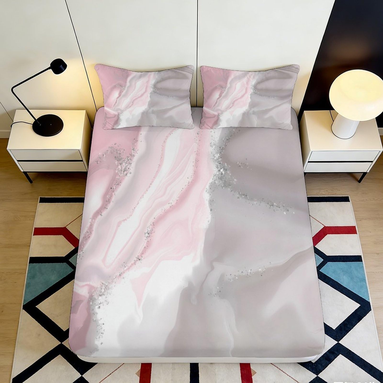 Uxinyoume Style-8 3D Printed Pink Marble Fitted Sheet Microfiber Soft Anti-Slip Grey Swirl Mattress Cover For Bedroom Guest Room Decor 90X200x25cm