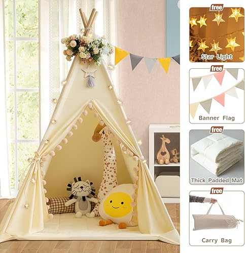 Vista 3 de Tienda de campaña tipi para niños con alfombrilla acolchada, lona de algodón, tipi con pompón para niños pequeños, tienda de campaña