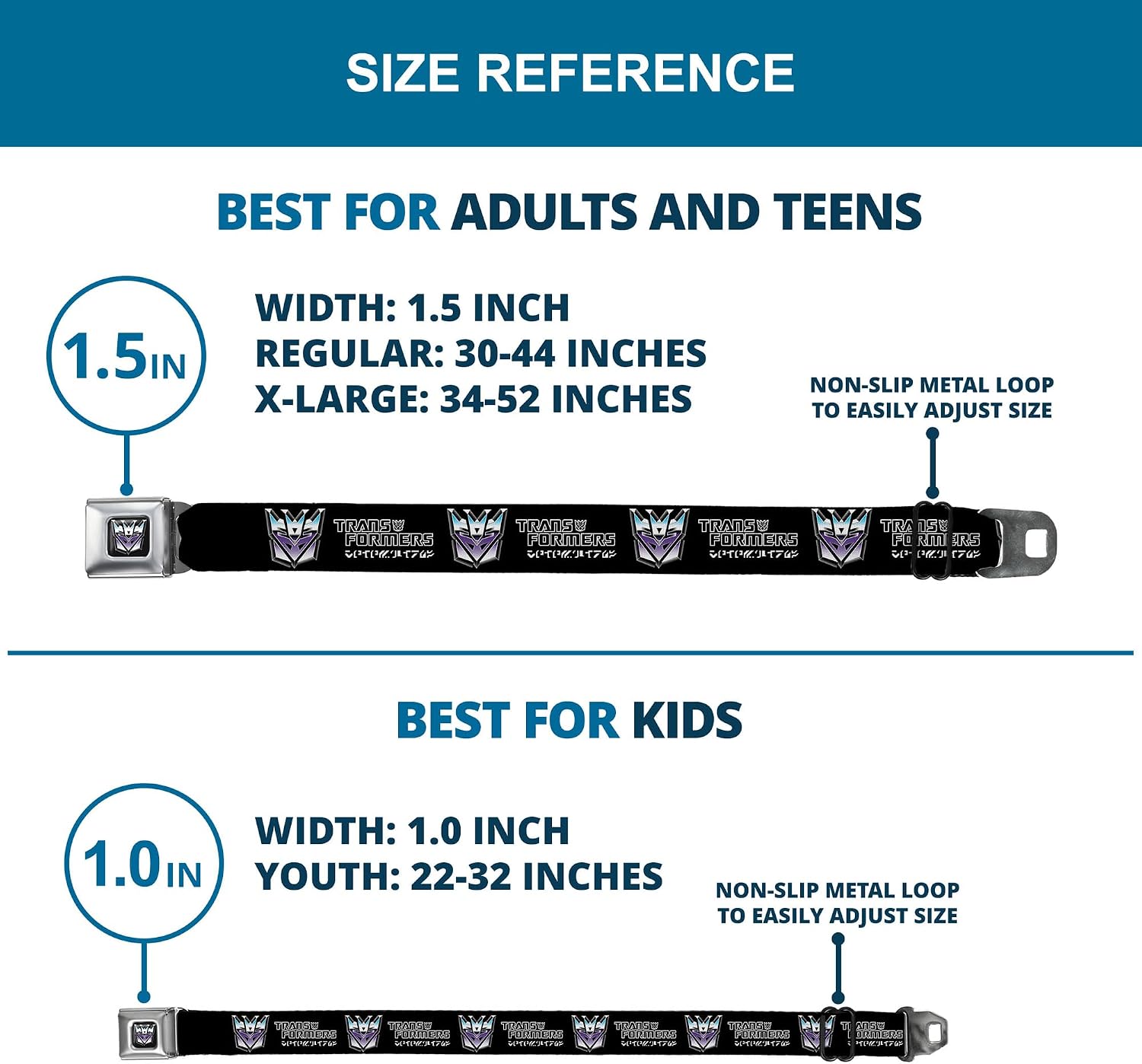 Hasbro Belt, Seatbelt Buckle Belt, Transformers Decepticons Cybertronian Icon Black Grays Purple, Adjustable