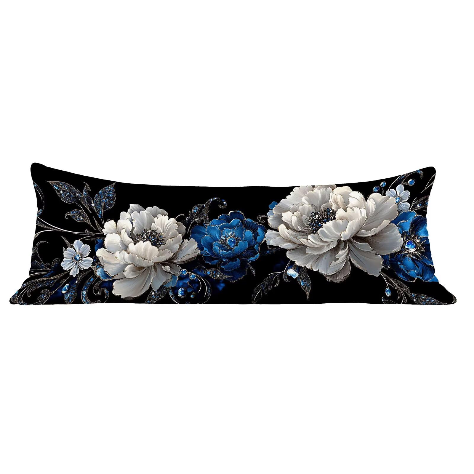 Funda de Almohada 60 x 180 cm Negro Protector Almohada 180 cm con Cremallera Invisible, Lino Durable y Transpirable Pillow Case Largas Flor Impresión a Doble Cara para Cama, Sofá y Dormitorio dg-164