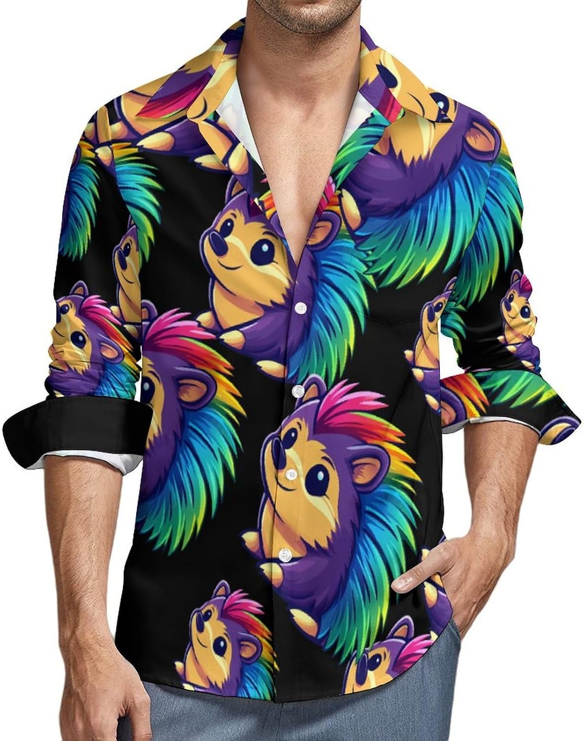 Colorful Hedgehog Long Sleeve Shirts Casual Dress Shirt Button-down T-shirts for Men