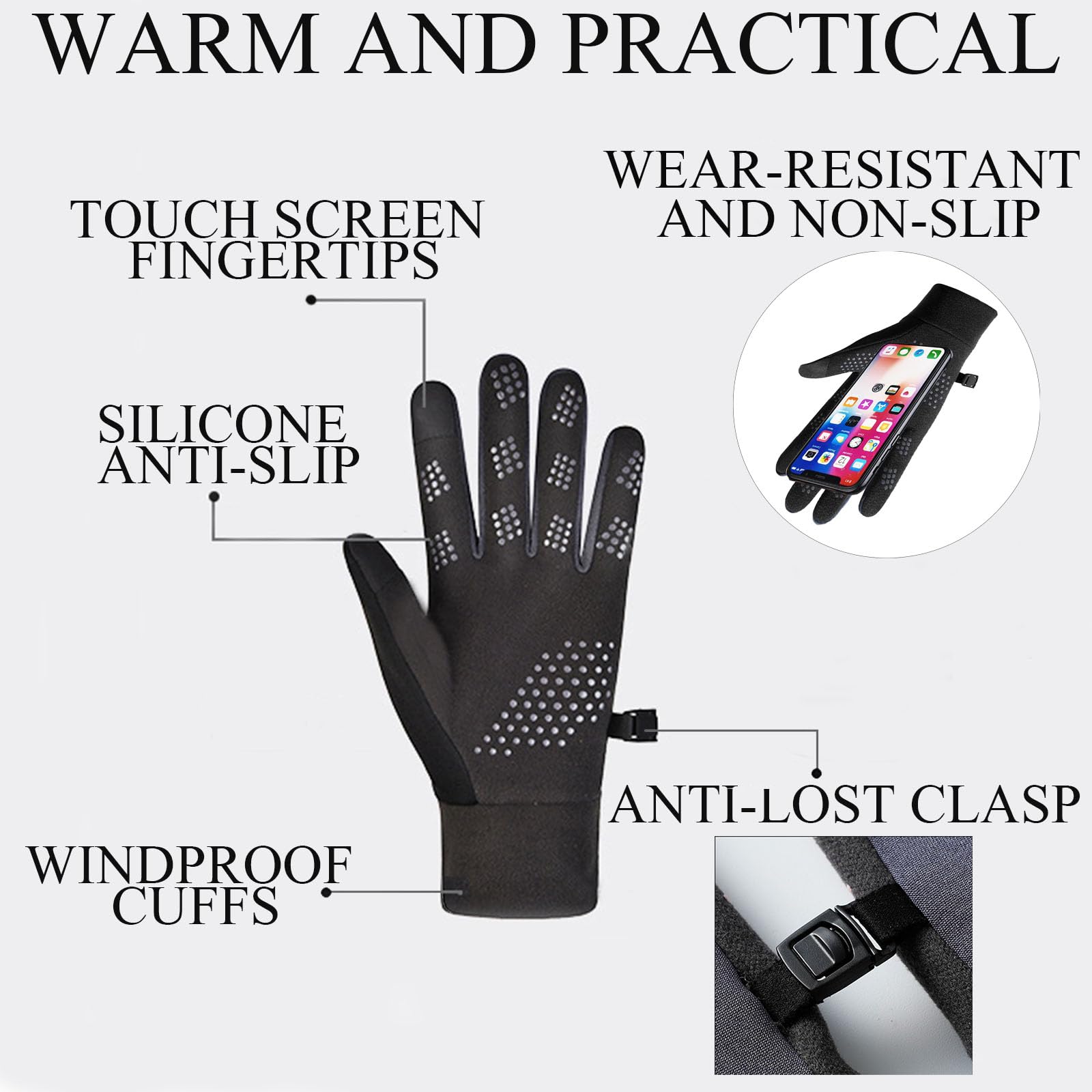KASESSS Gants Vélo Hiver Thermiques Tactiles - Gants Froid Homme Femme Antidérapants, Mitaines Toison Doublées Pour Cyclisme, Conduite, Camping Et Sports Extérieurs, Noir
