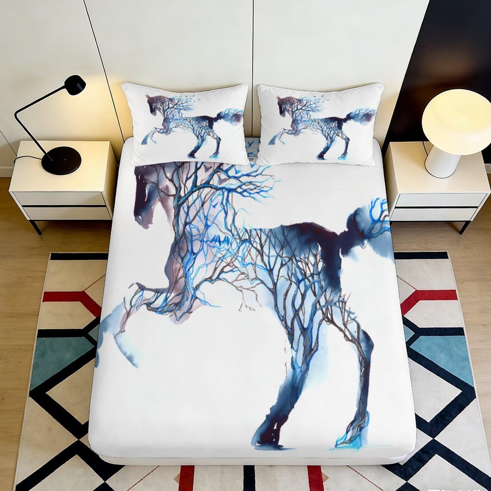 3D Printed Blue Abstract Horse Fitted Sheet Microfiber Soft Mattress Cover for Bedroom Dorm Guest Room Decor 120x200x25cm