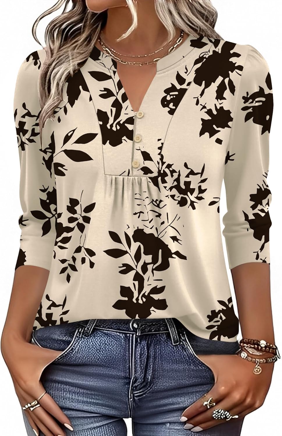 IECCP 3/4 Length Sleeve Womens Tops Dressy Casual Henley V-Neck Summer Tops Pleated T-Shirts Loose Fit Work Blouses - Image 2