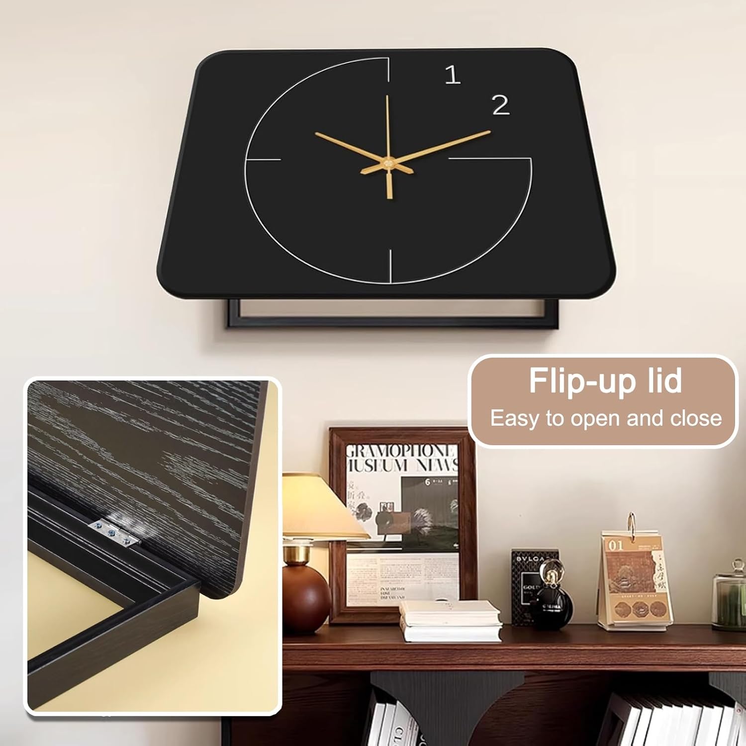 Flip Up Electric Meter Box Decorative Painting, Fuse Box Cover with Silent Wall Clock Design, Wall Mounted Electrical Panel Meter Breaker Cover for Living Room(Black,20x28in/51x71cm)