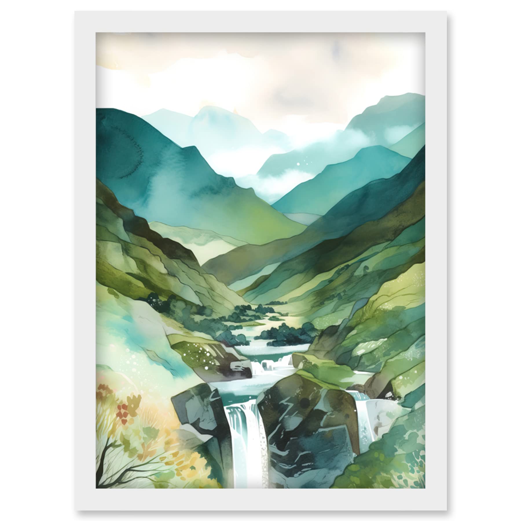 Artery8 River Cascades Waterfall in Misty Landscape Modern Watercolour Painting Artwork Framed Wall Art Print A4