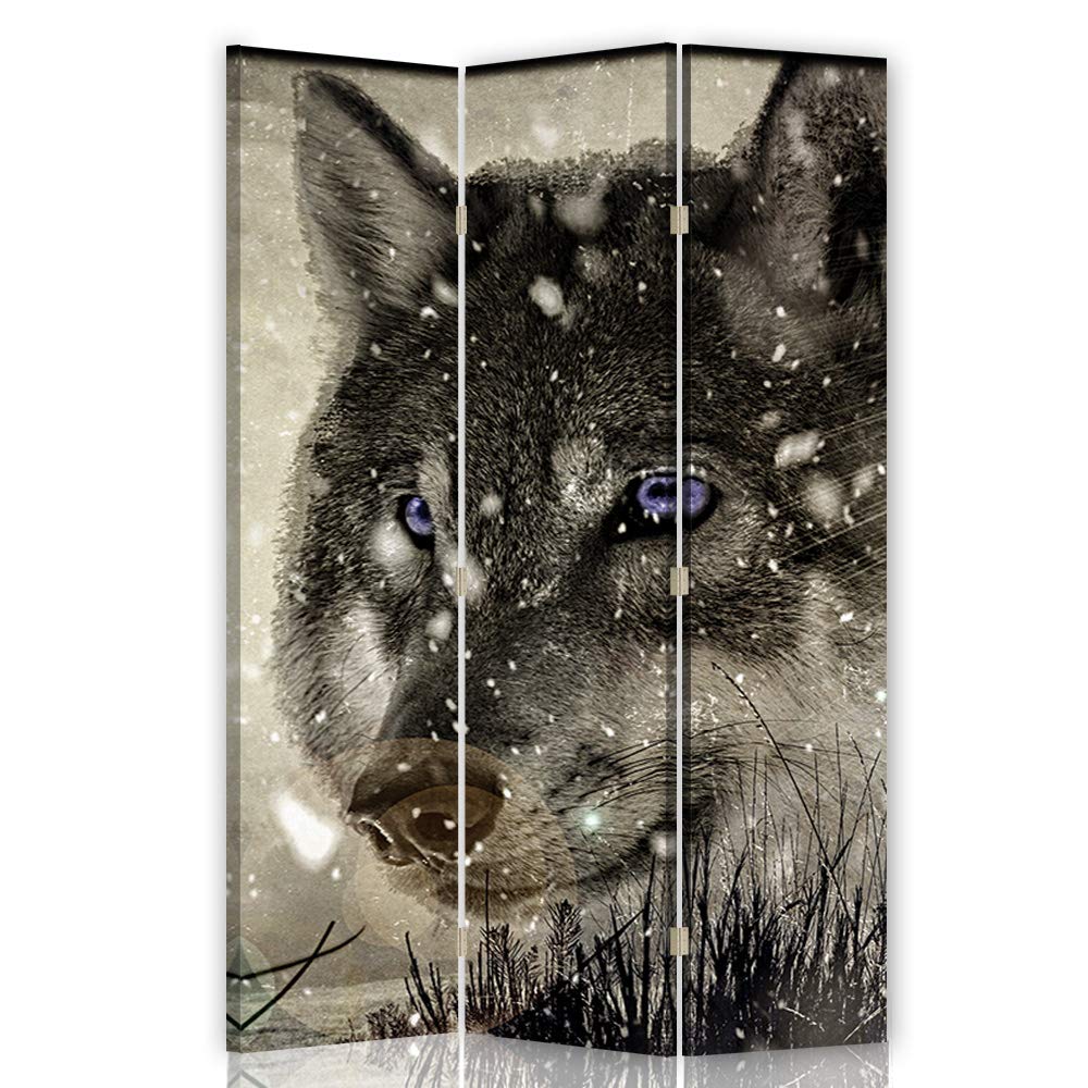 Paravent déco à Inversion de Sens Tête de Loup 3 Panneaux Yeux Gris 110x175 cm