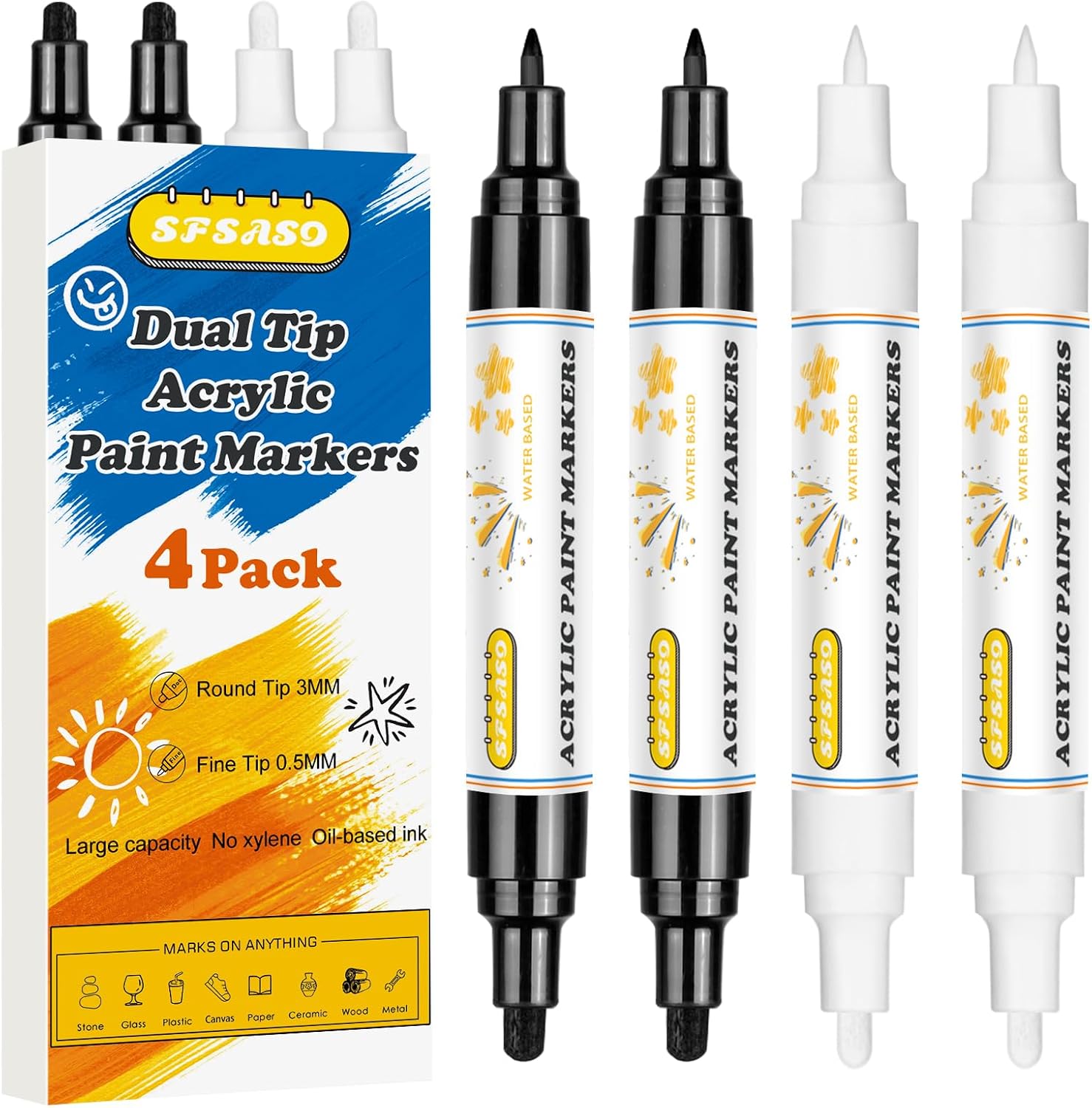 Acrylic Paint Marker Pens - 4 Pack Dual Tip Permanent Markers (0.7mm & 3mm) Water-Based Ink Pens for Rock Painting, Canvas, Ceramic, Glass, Wood, Plastic, DIY Crafts (Black/White/Gold/Silver)