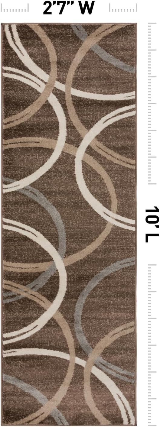 Rugshop Modern Wavy Circles Design Runner Rug, Fade-Resistant Carpet for Hallway, Entryway, or Kitchen, Brown, 2' x 10'