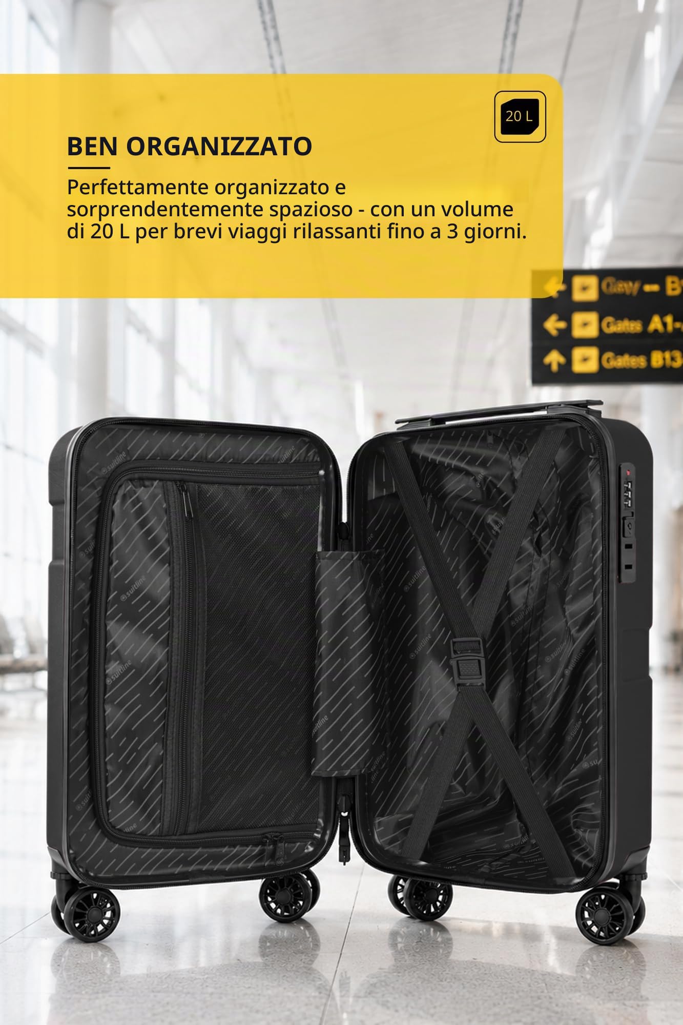 SUITLINE Clix-Lite - Valigia piccola da sottosedile 40x20x25 cm, Bagaglio a mano ruote staccabili, Altezza totale 47 cm, Mini Trolley rigido da Viaggio Aereo, Cabin bag max 20L, Nero