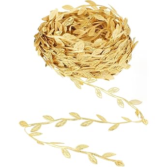 20 m Leaves Stripes Gift Ribbon Gold Gift Streamers Artificial Plants Ribbons Artificial Vines with Leaf Golden Wedding Decoration for DIY Crafts Wedding Party Decoration