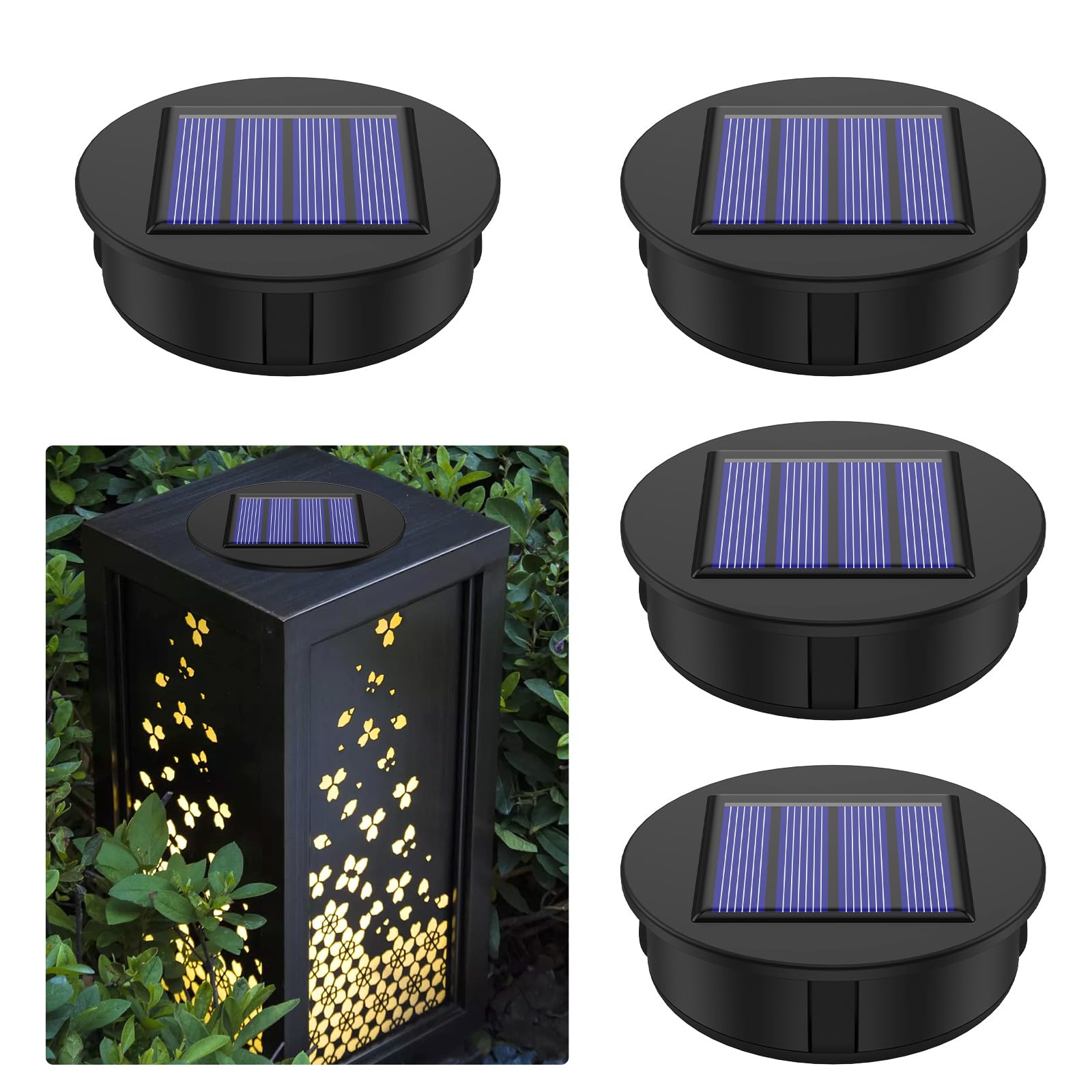 Deuson 4Pcs Solar Light Replacement Top 1.2V IP65 Waterproof LED Solar Panel Lantern Lid Light Sturdy Outdoor Solar Top Replacement Round Box Round Solar Light Top Parts for Patio N