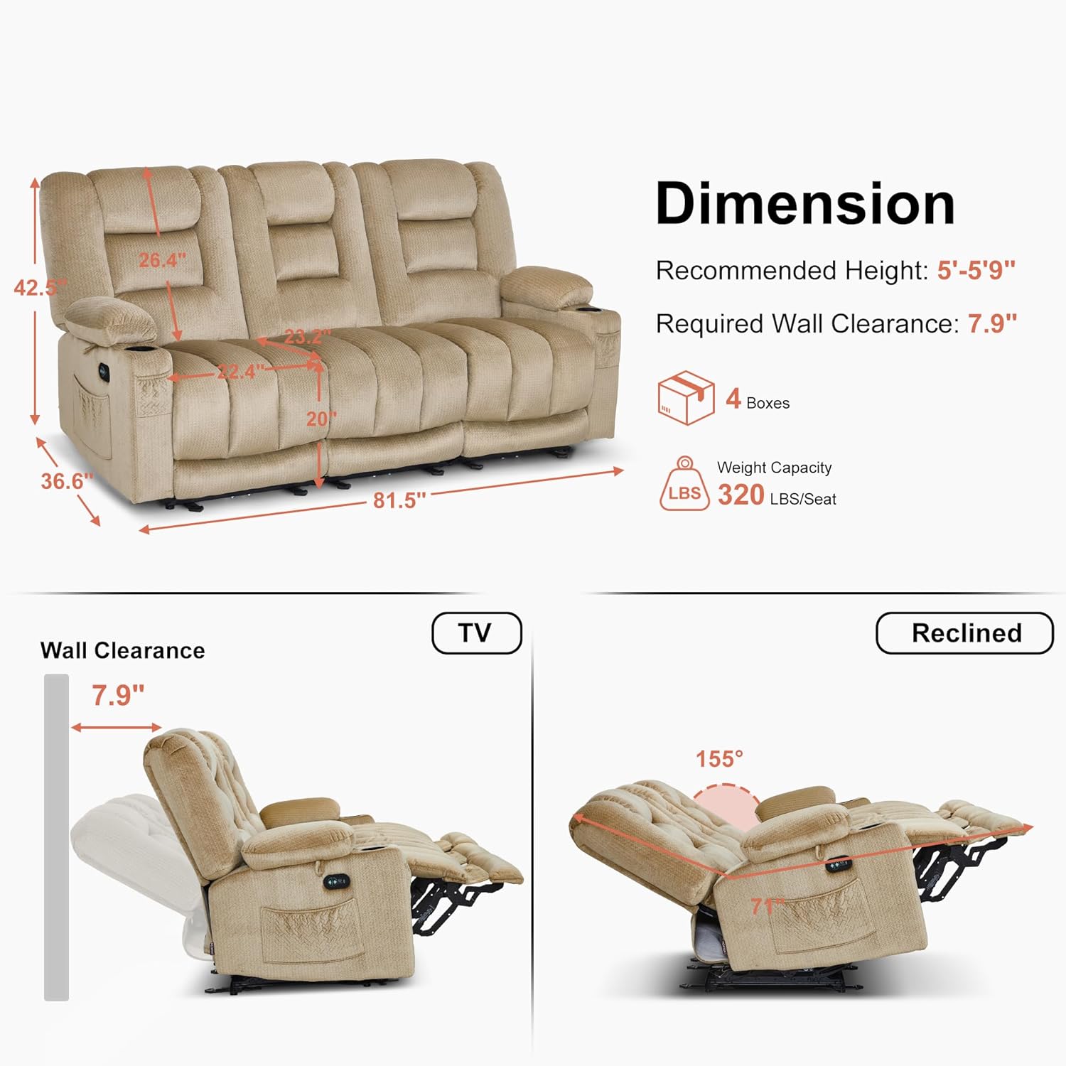 MCombo Zero Gravity Power Reclining Sofa dimensions and specifications