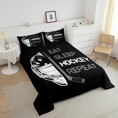 Miniatura 4 de Erosebridal Edredón de hockey tamaño individual para niños y adolescentes, ropa de cama de hockey negro y gris para comer, decoración de dormitorio,