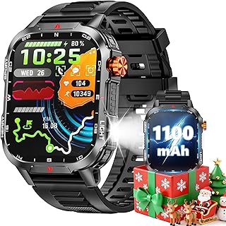Relojes inteligentes militares para hombres - 30 días de batería/Linterna/Brújula, pantalla HD de 2.01 pulgadas, rastreador de fitness IP68 resistente al agua con monitor de frecuencia cardíaca