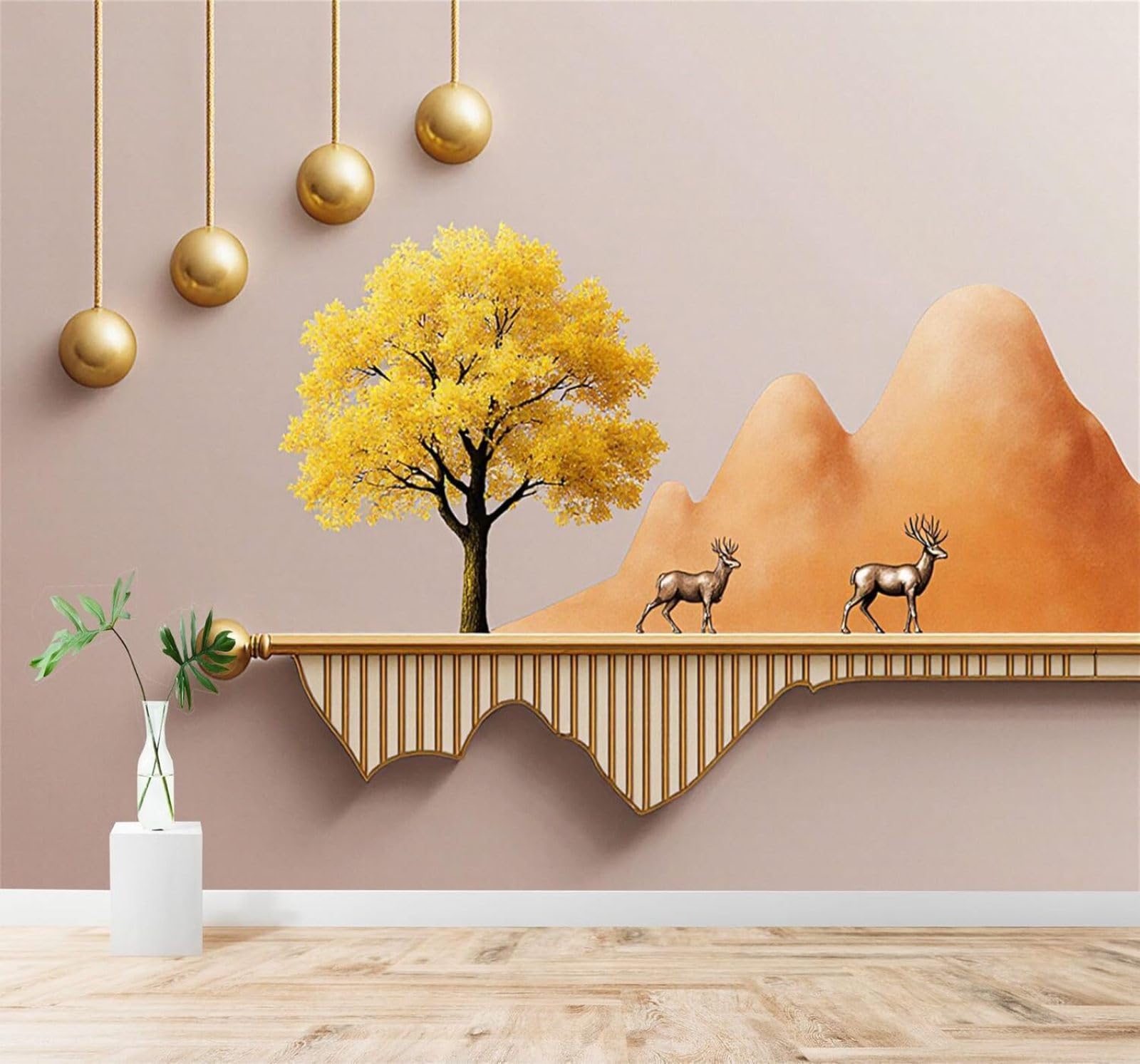 XLMING Golden Trees Deer Mountains Abstract Art 3D Wallpaper Silky Texture Home Study Office Grey Dining Room Sofa Bedroom Living Room TV Backdrop-350cm×256cm