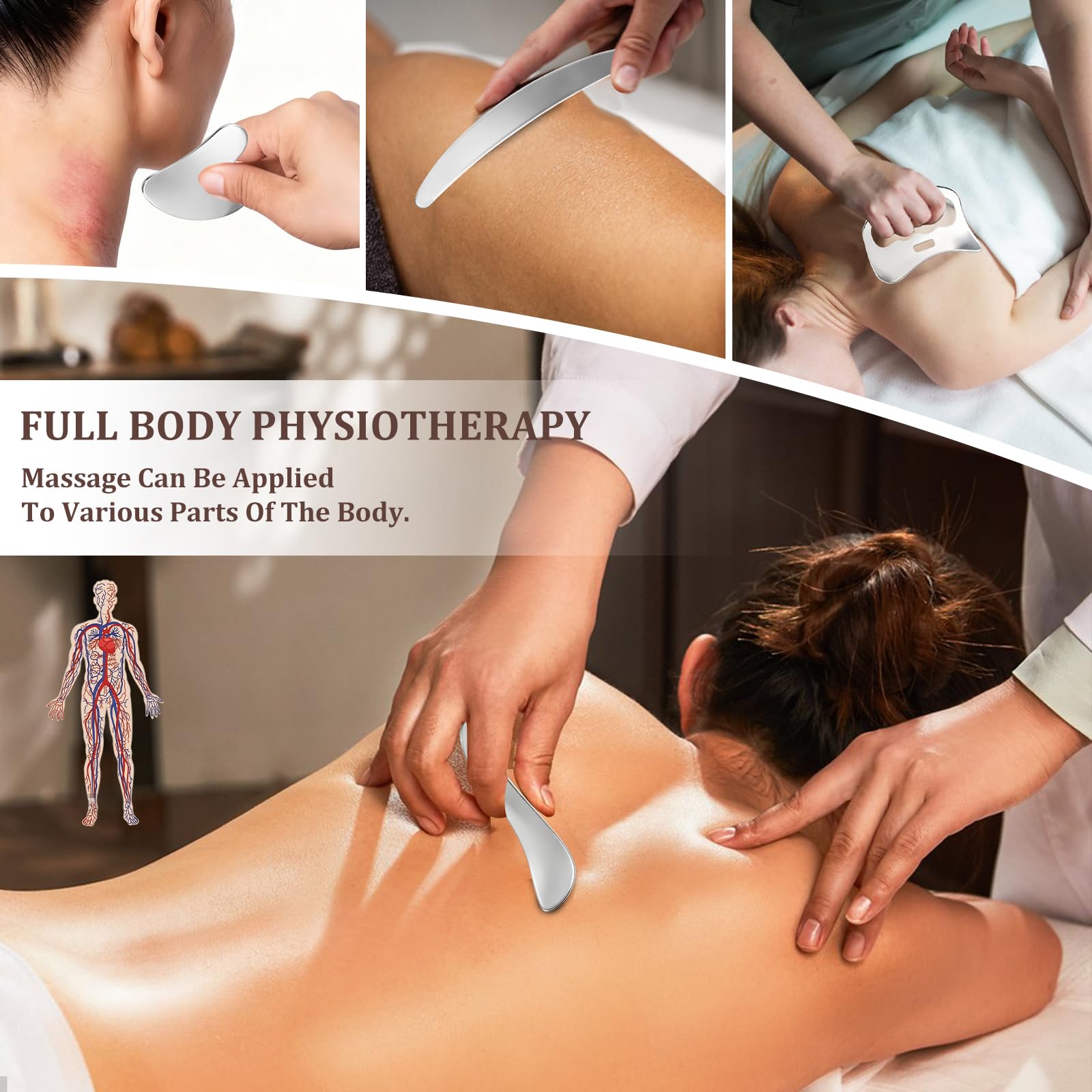 Gua Sha 4 w 1 stal nierdzewna, skrobak do mięśni, narzędzie do masażu drenażu limfatycznego, skrobak do masażu powięzi z filcową torbą do przechowywania nóg, pleców, twarzy, karku, masażu Gua Sha