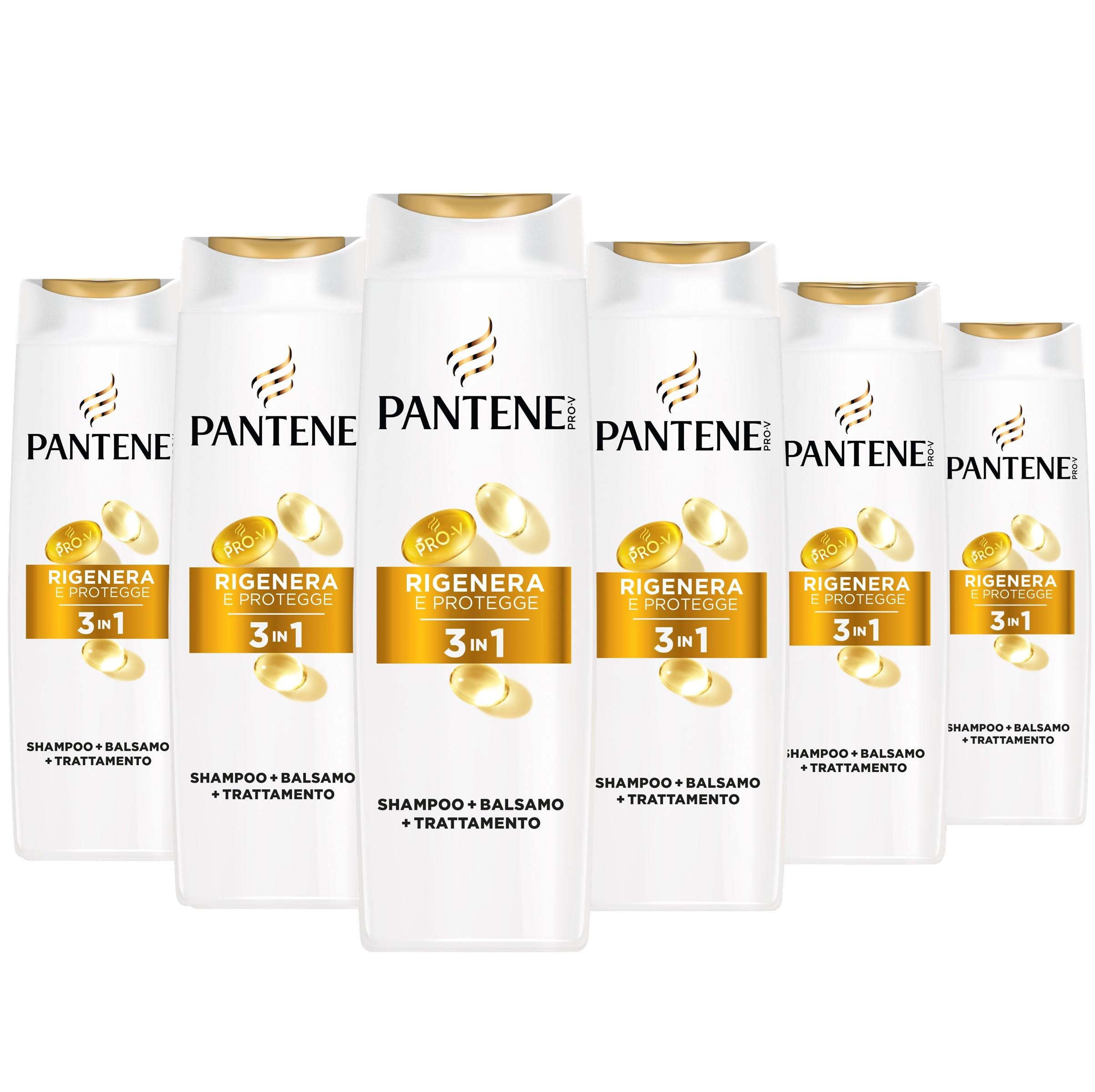 Pantene Pro-V Rigenera E Protegge Shampoo, Balsamo e Trattamento 3 in 1 6x300ml per Capelli Deboli, Secchi e Danneggiati, con Sostanze Nutrienti per Riparare i Danni, Senza Olio Minerale