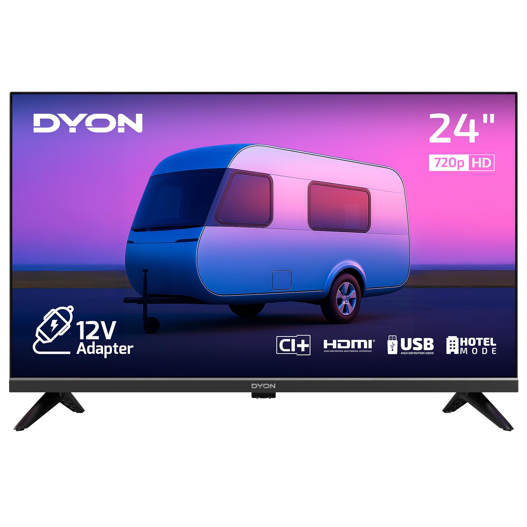 DYON Enter 24 Pro-X-V TV LED 24" con connessione 12V per campeggio e caravan, triplo sintonizzatore HD (DVB-S2/T2/C), CI +, lettore multimediale USB, modalità hotel