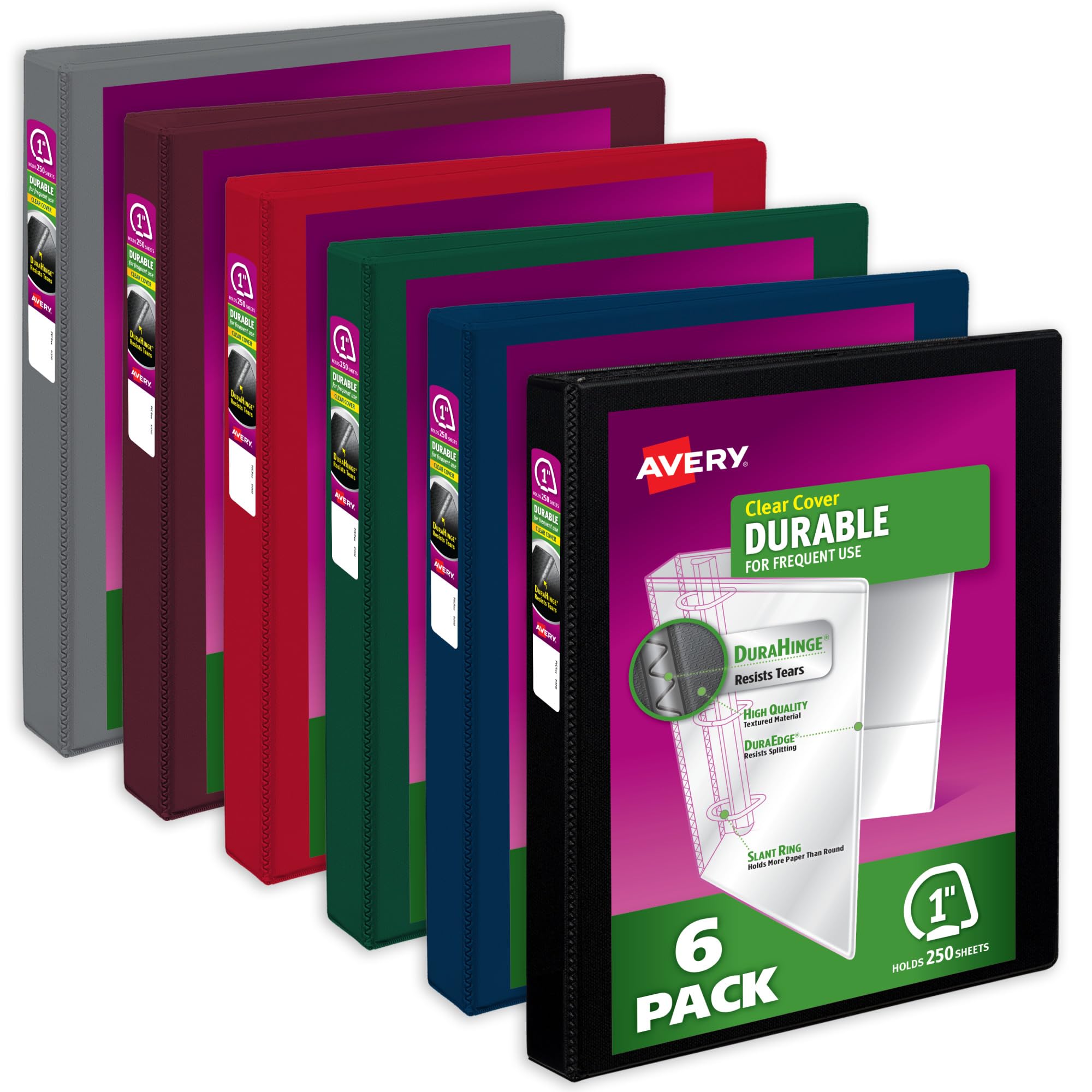 Avery Durable View 05633 Raccoglitori a 3 anelli, anelli inclinati da 2,5 cm, capacità 250 fogli, dorso largo 3,6 cm, copertina trasparente e dorso personalizzabili, colori scuri (confezione da 6)